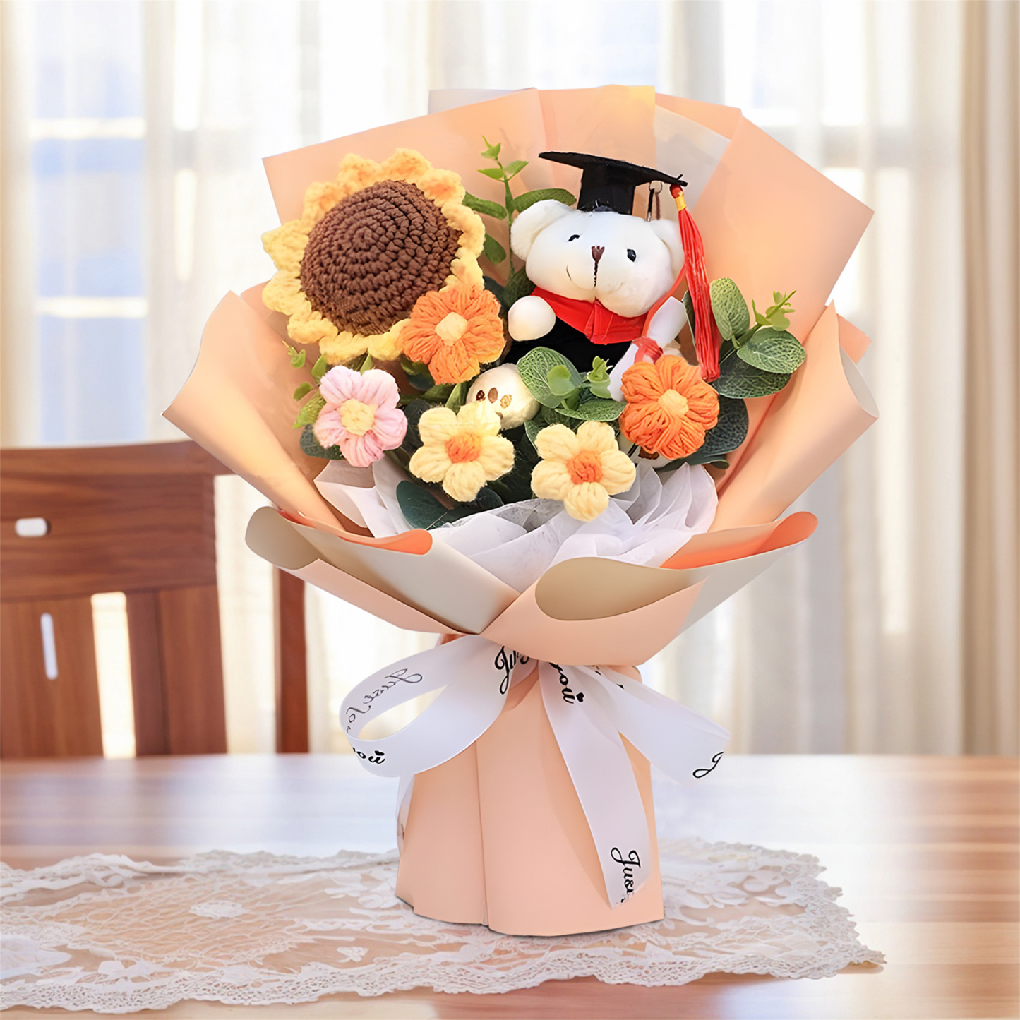 Graduation Teddy Bear Bouquet – Crochet Flower Gift with Cap and Scroll | Jessemade