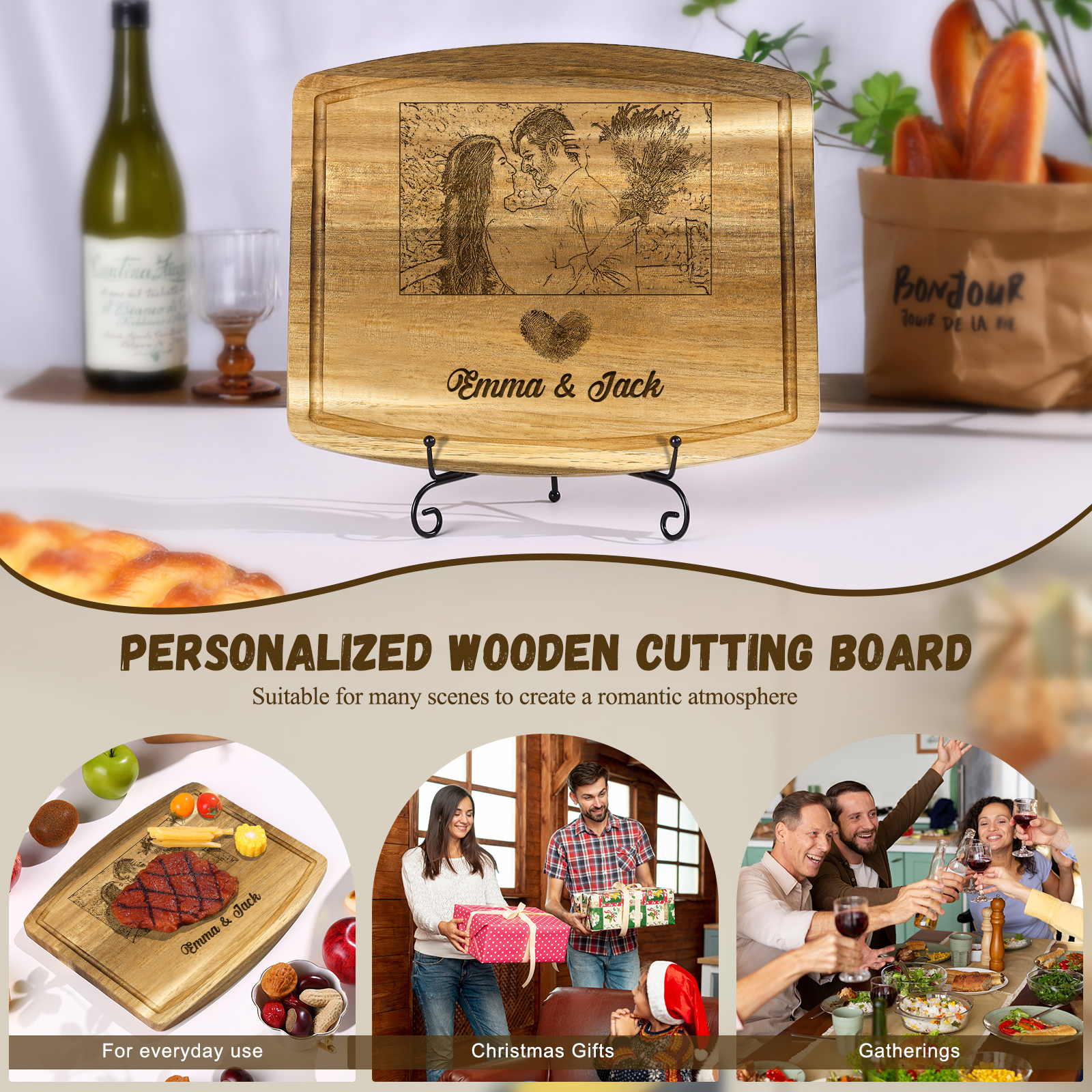 Wooden Cutting Board with Stand Personalised 1 Photo & 2 Names Gifts for Couple | Jessemade-Jessemade AU