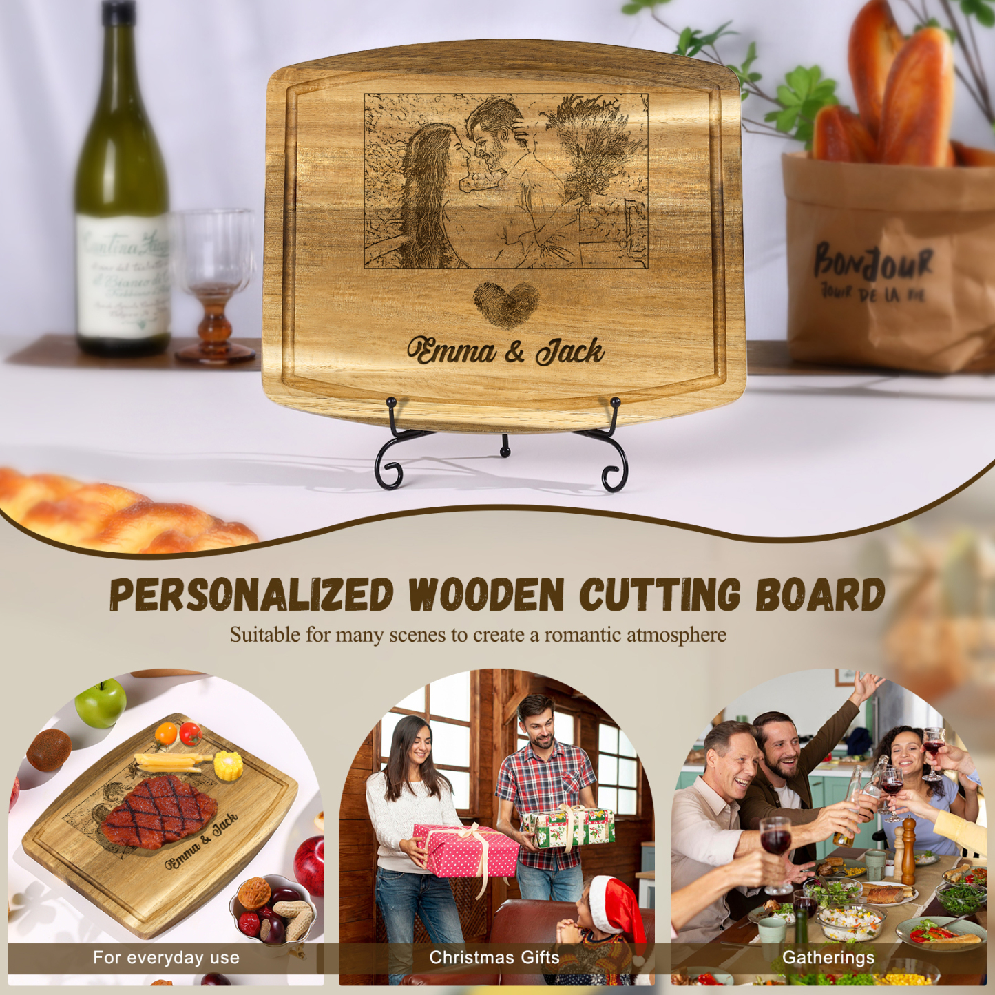 Wooden Cutting Board with Stand Personalised 1 Photo & 2 Names Gifts for Couple | Jessemade-Jessemade AU