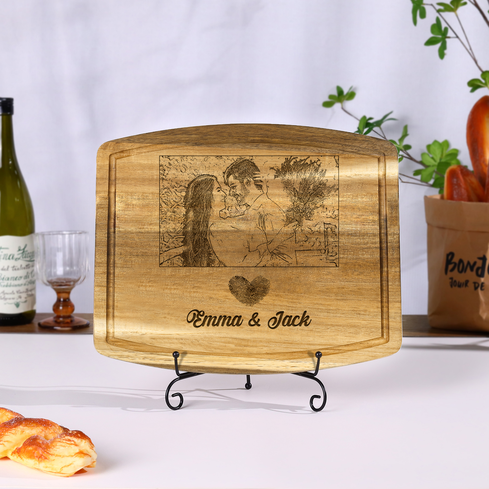 Wooden Cutting Board with Stand Personalised 1 Photo & 2 Names Gifts for Couple | Jessemade-Jessemade AU