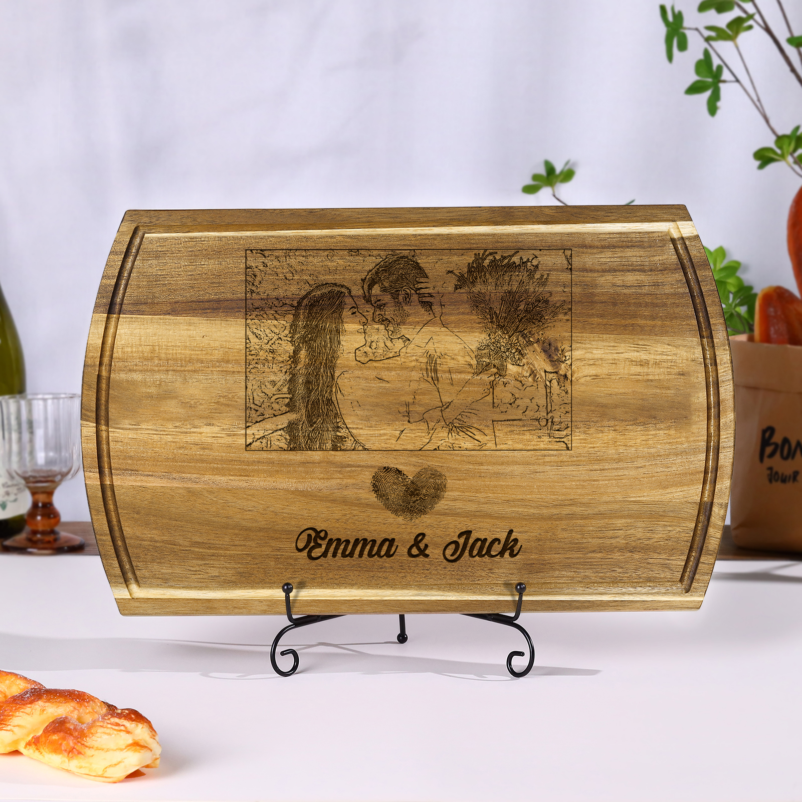 Wooden Cutting Board with Stand Personalised 1 Photo & 2 Names Gifts for Couple | Jessemade-Jessemade AU
