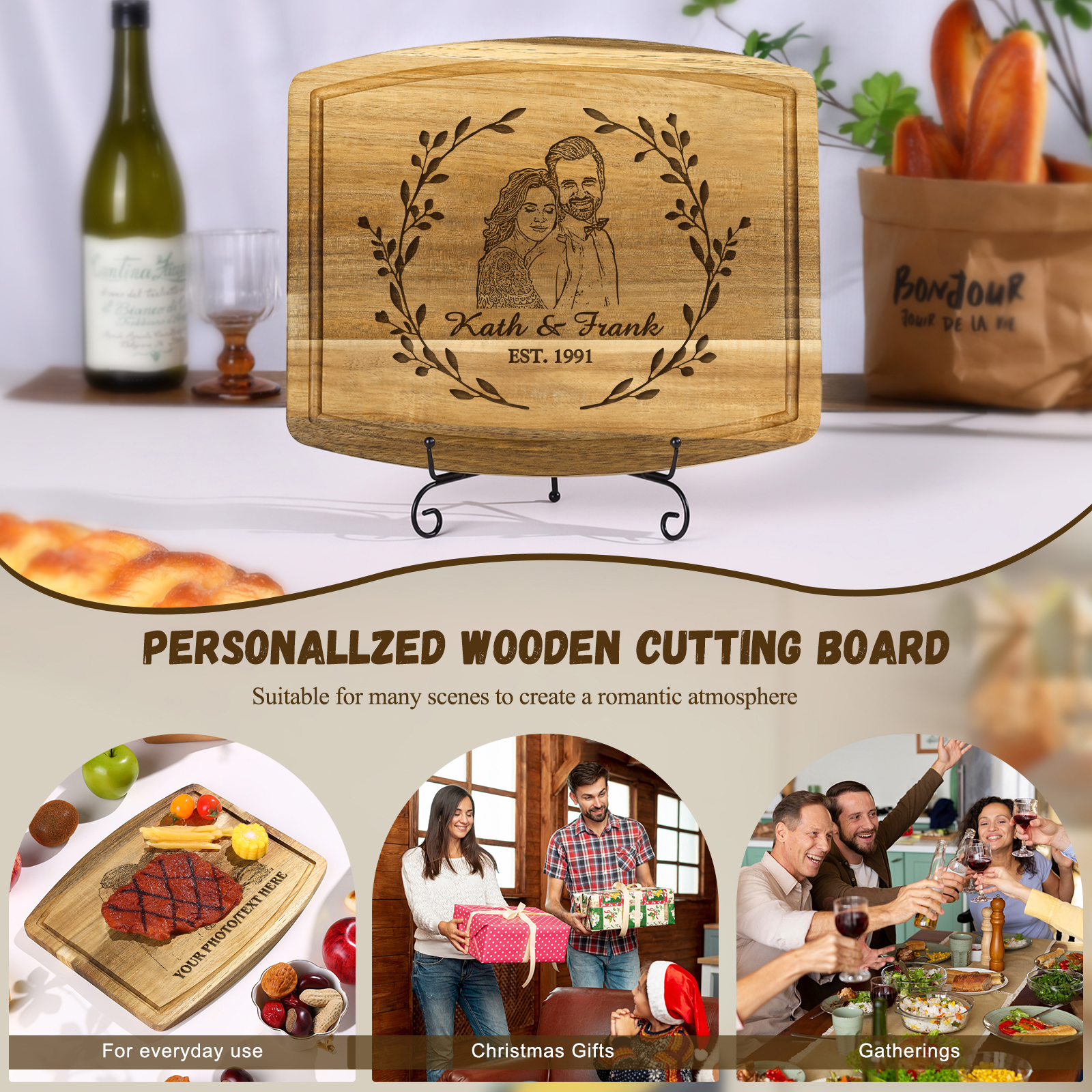 Wooden Cutting Board with Stand Personalised 1 Photo & 1 Date & 2 Names Gifts for Couple | Jessemade-Jessemade AU