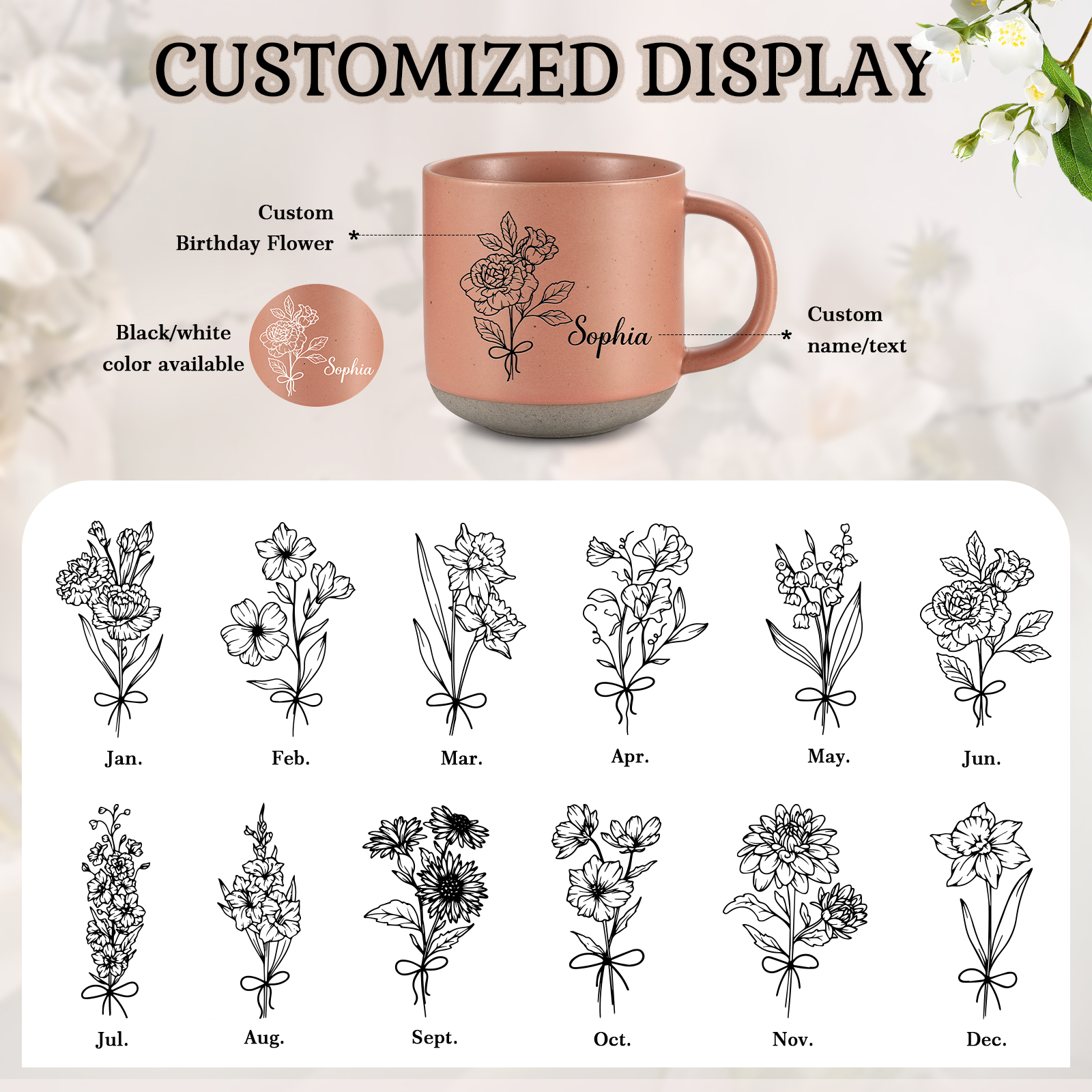 Personalized Ceramic Mug Custom Name & Birth Flower Cup Gifts for Grandma/Mother
