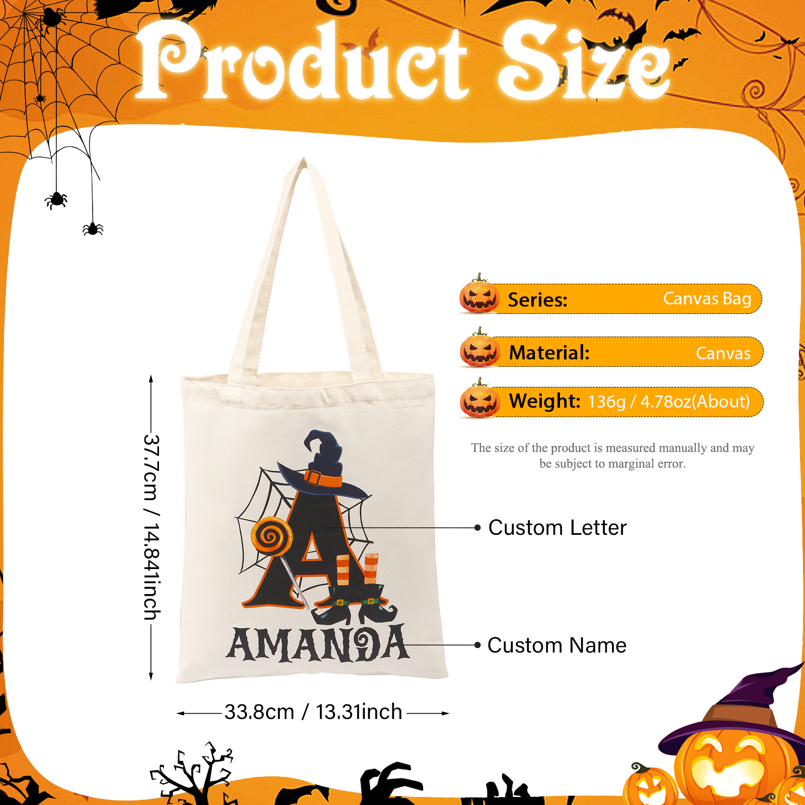 Personalised Halloween Tote Bag Custom Letter   & Name Handbag Gift for Her-Jessemade AU