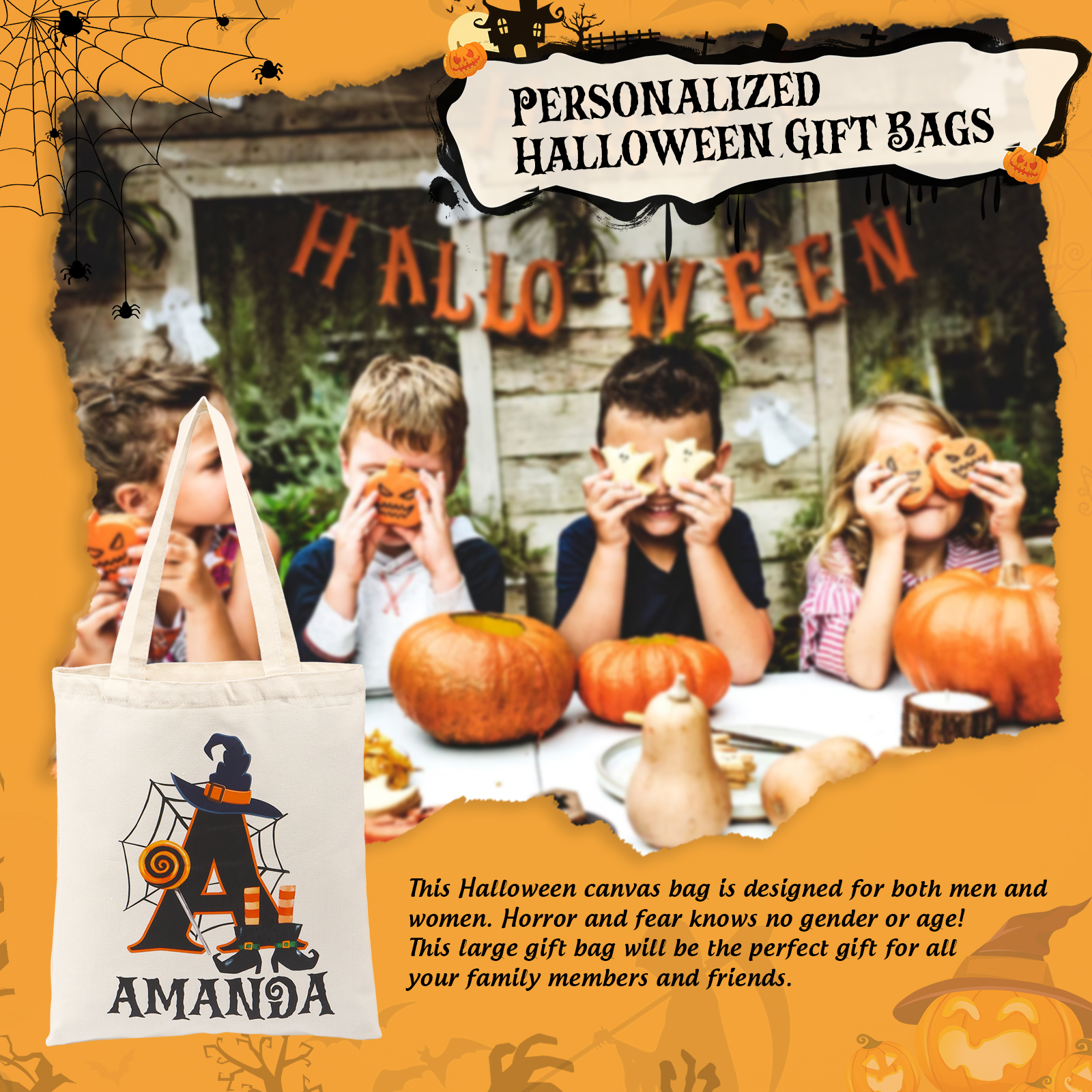 Personalised Halloween Tote Bag Custom Letter   & Name Handbag Gift for Her-Jessemade AU