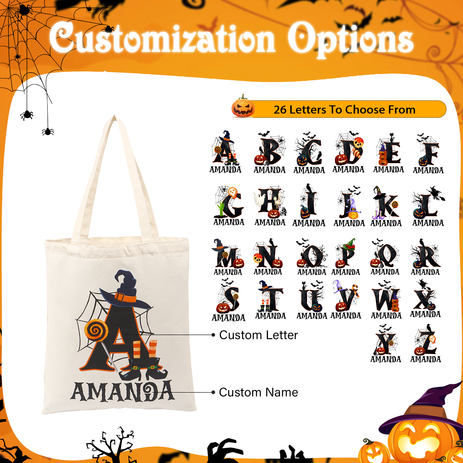 Personalised Halloween Tote Bag Custom Letter   & Name Handbag Gift for Her