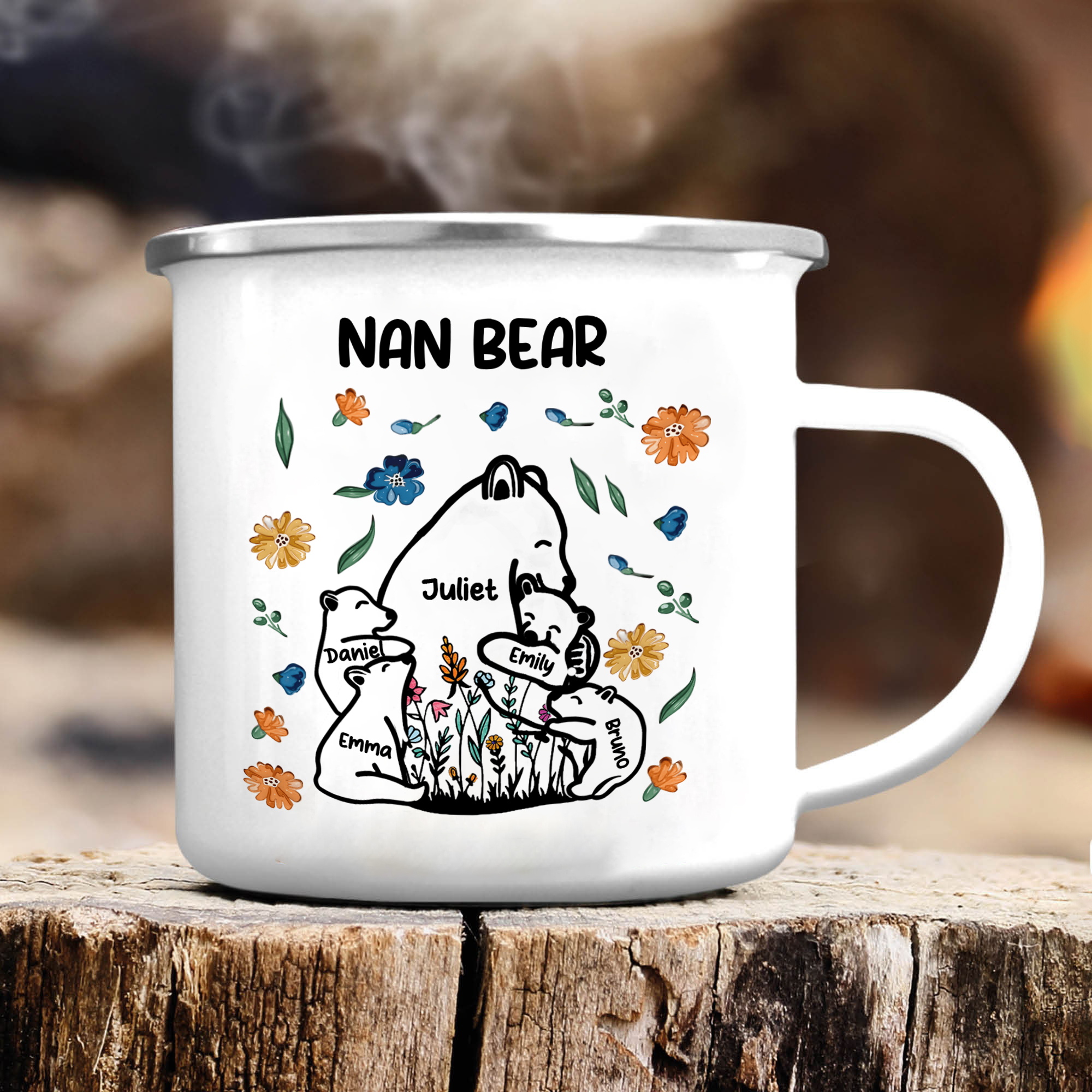 Personalised Enamel Mug Custom 2-11 Names & 1 Text Bear Family Gifts for Grandma/Mum/Nan