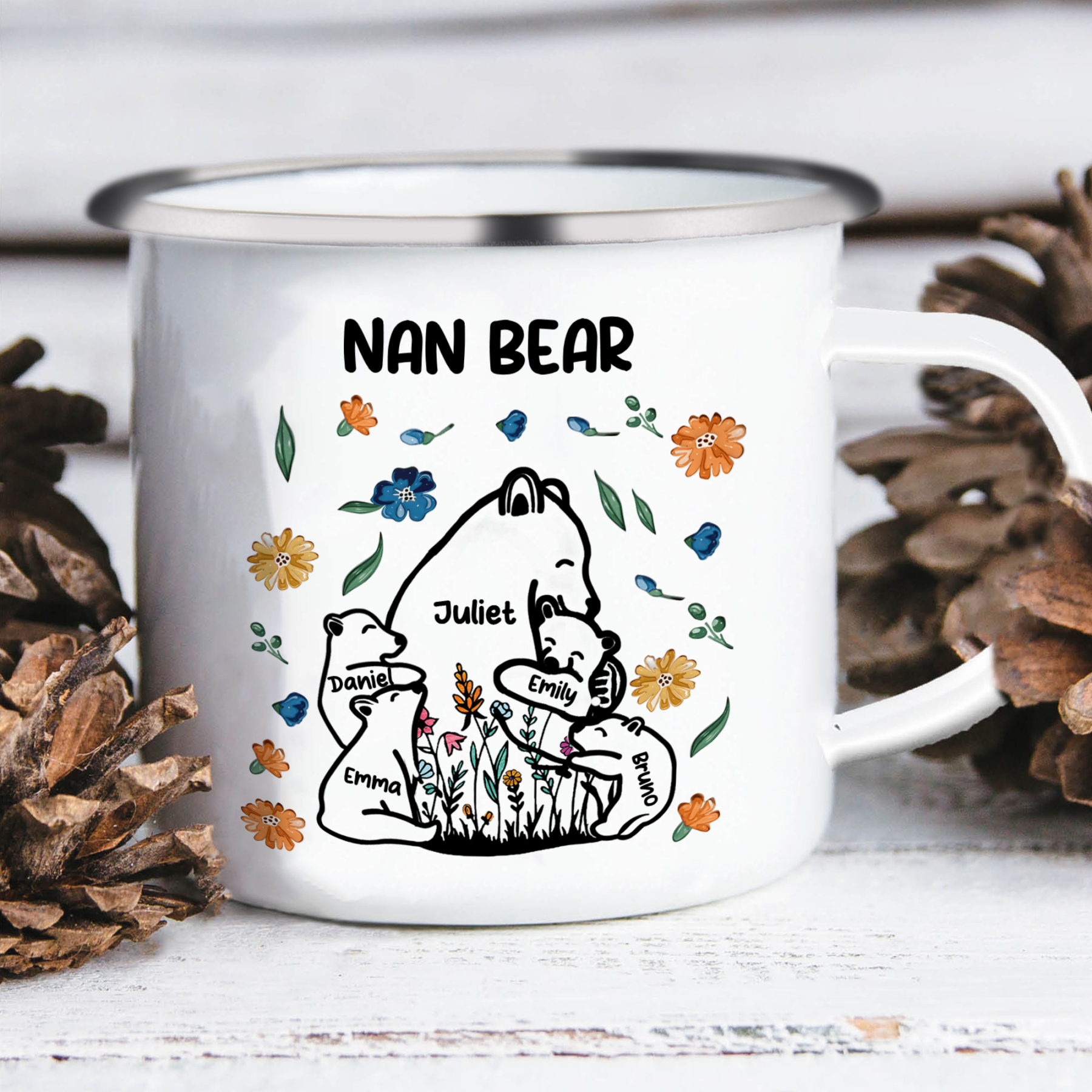 Personalised Enamel Mug Custom 2-11 Names & 1 Text Bear Family Gifts for Grandma/Mum/Nan-Jessemade AU