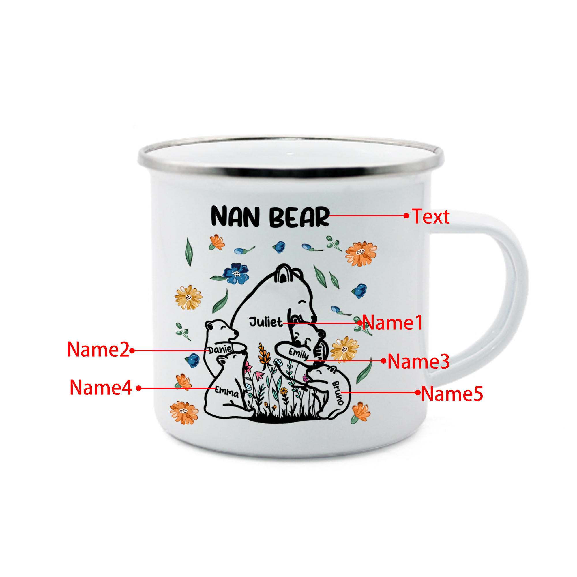Personalised Enamel Mug Custom 2-11 Names & 1 Text Bear Family Gifts for Grandma/Mum/Nan