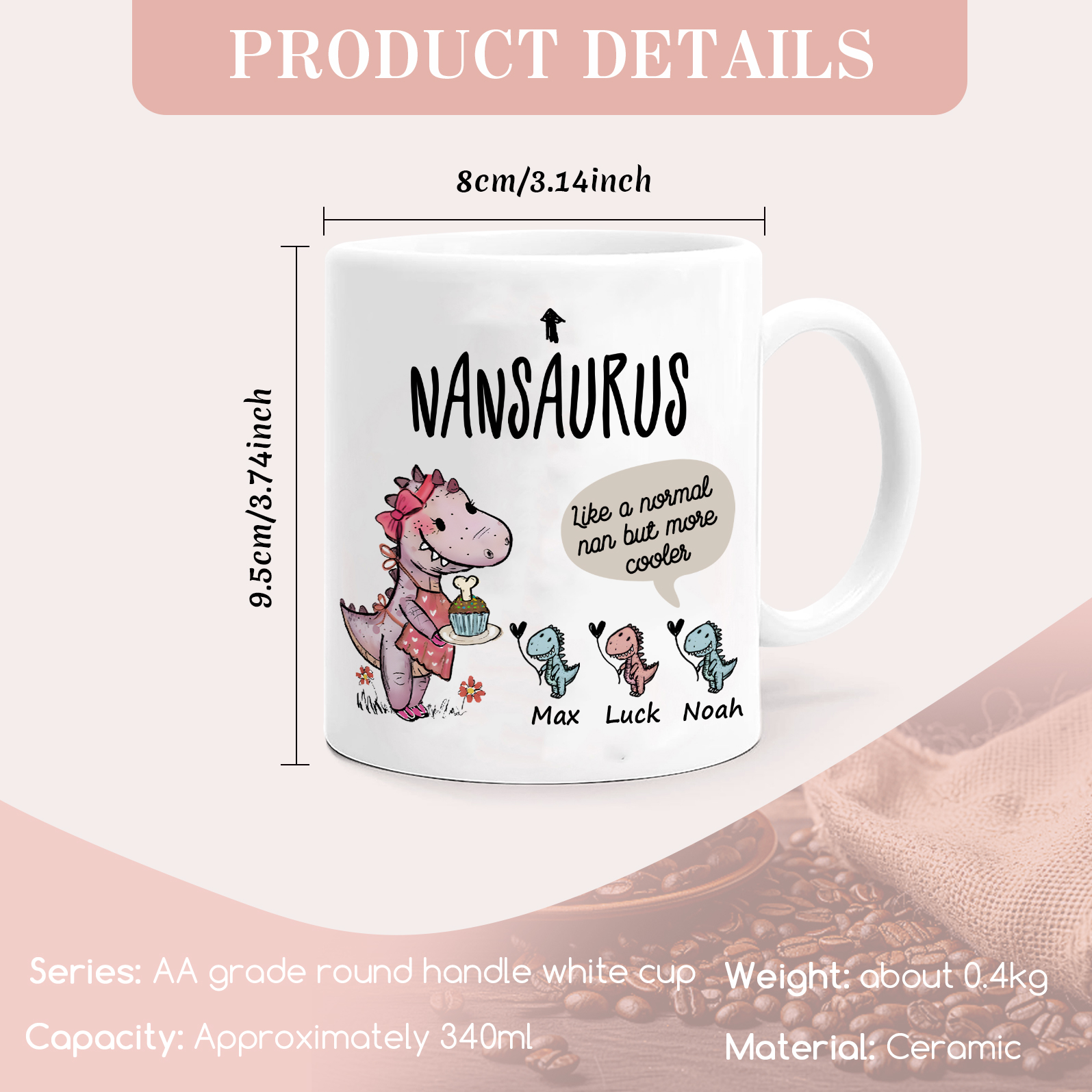 Personalized Ceramic Mug Custom 3 Names Dinosaur Cup Gifts for Grandpa/Grandma - Like A Normal Grandad/Nan But More Cooler-Jessemade AU