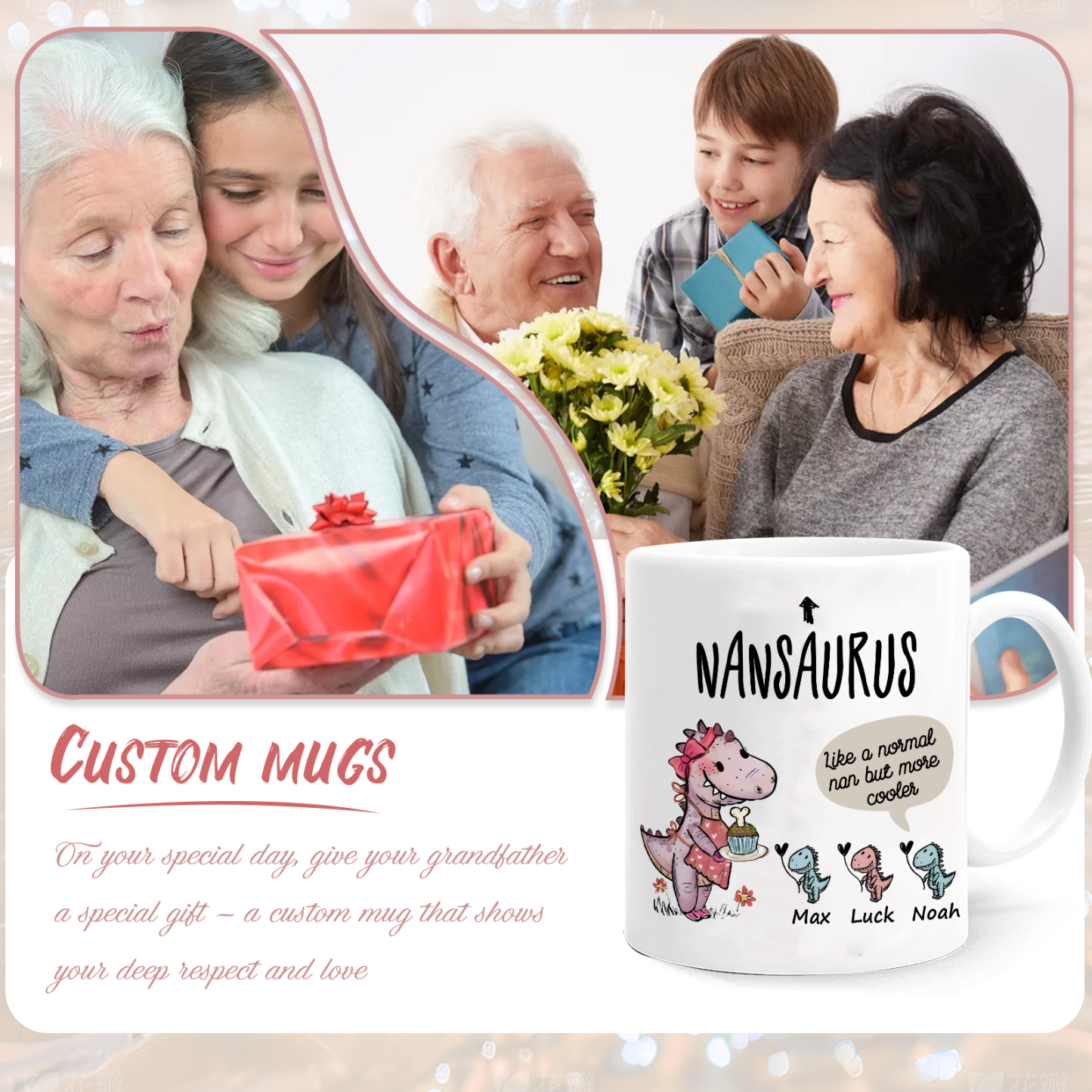 Personalized Ceramic Mug Custom 3 Names Dinosaur Cup Gifts for Grandpa/Grandma - Like A Normal Grandad/Nan But More Cooler-Jessemade AU