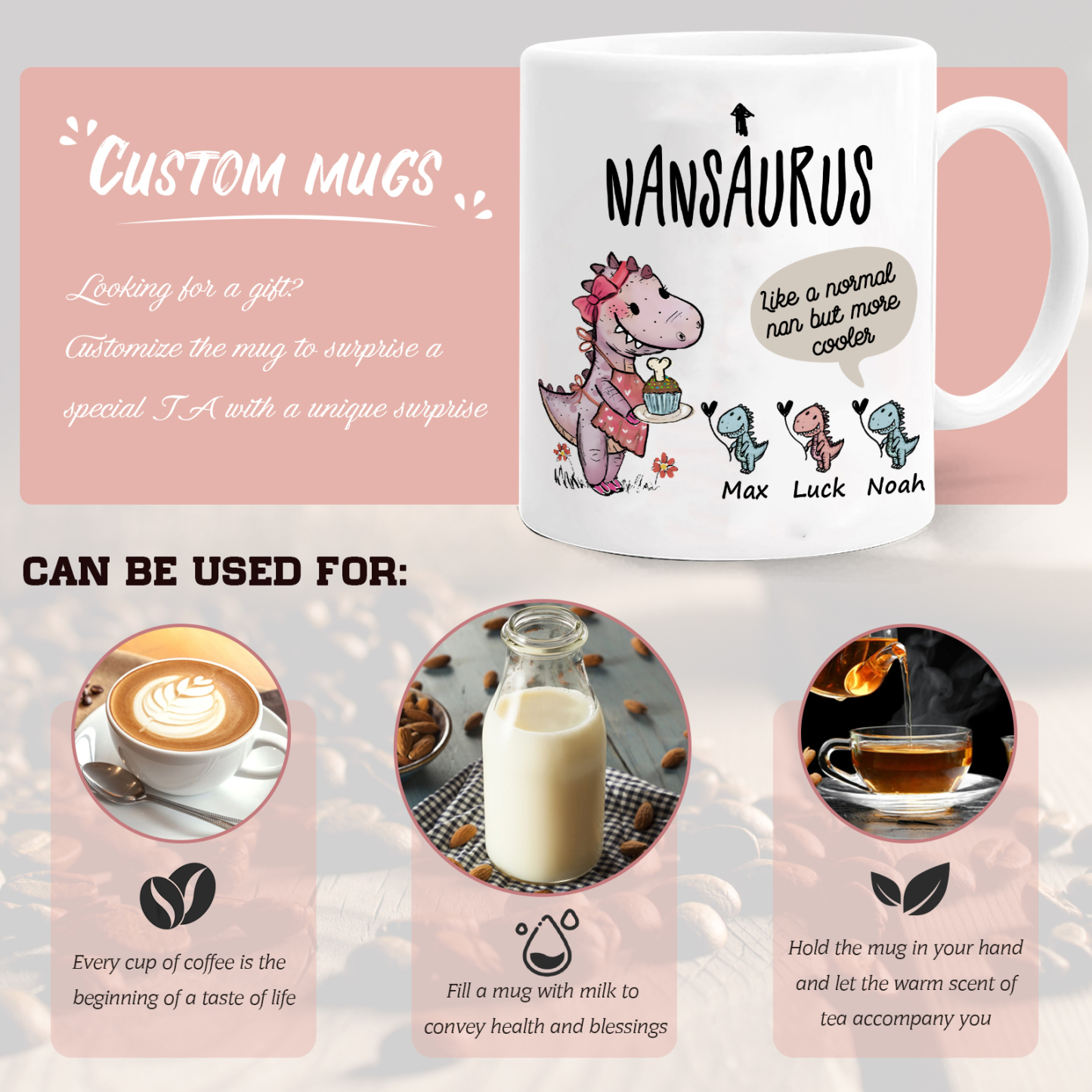 Personalized Ceramic Mug Custom 3 Names Dinosaur Cup Gifts for Grandpa/Grandma - Like A Normal Grandad/Nan But More Cooler-Jessemade AU