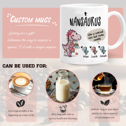 Personalized Ceramic Mug Custom 3 Names Dinosaur Cup Gifts for Grandpa/Grandma - Like A Normal Grandad/Nan But More Cooler-Jessemade AU