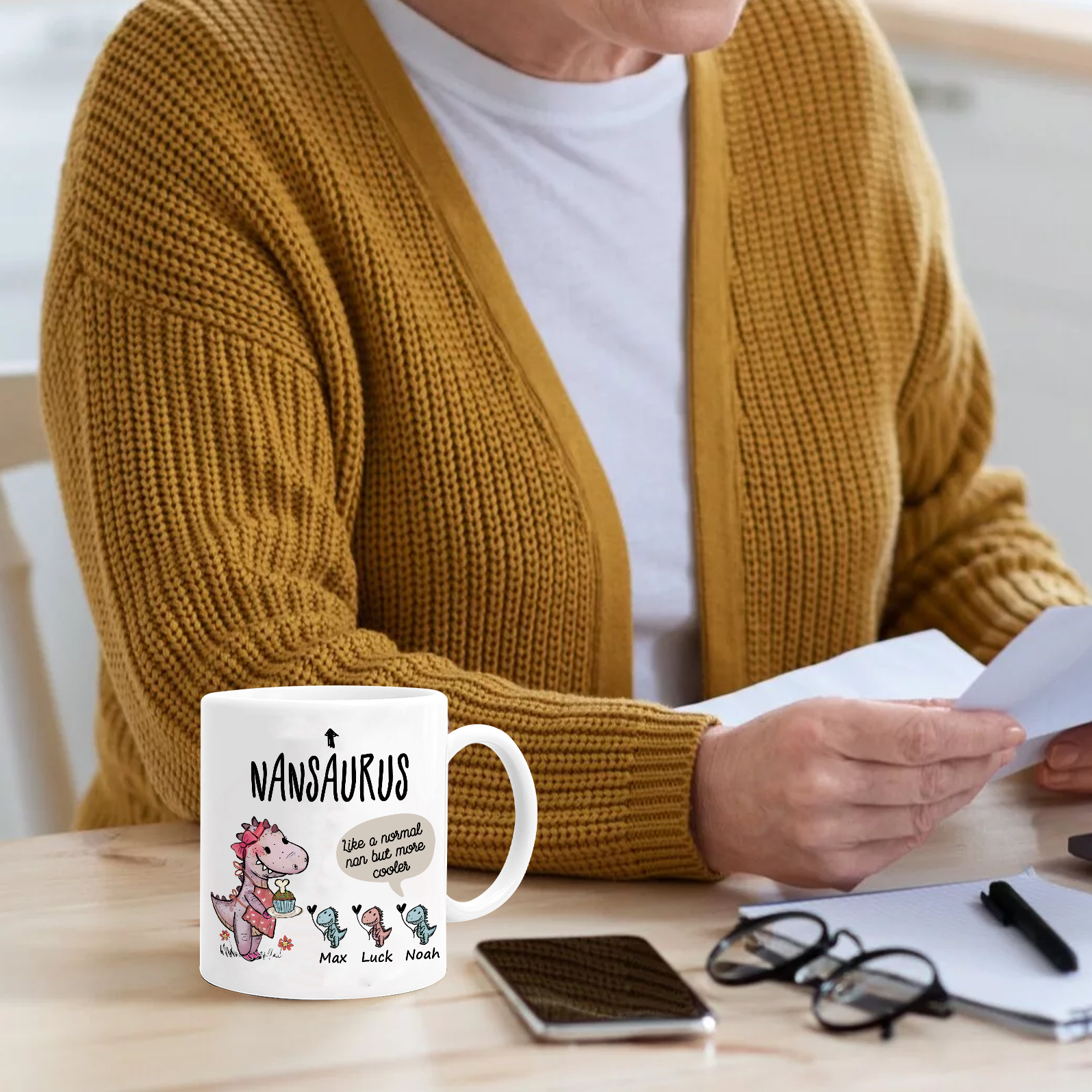 Personalized Ceramic Mug Custom 3 Names Dinosaur Cup Gifts for Grandpa/Grandma - Like A Normal Grandad/Nan But More Cooler-Jessemade AU