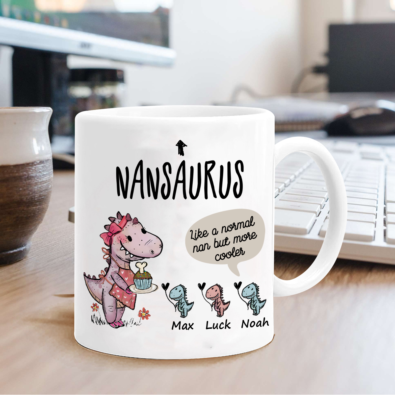 Personalized Ceramic Mug Custom 3 Names Dinosaur Cup Gifts for Grandpa/Grandma - Like A Normal Grandad/Nan But More Cooler