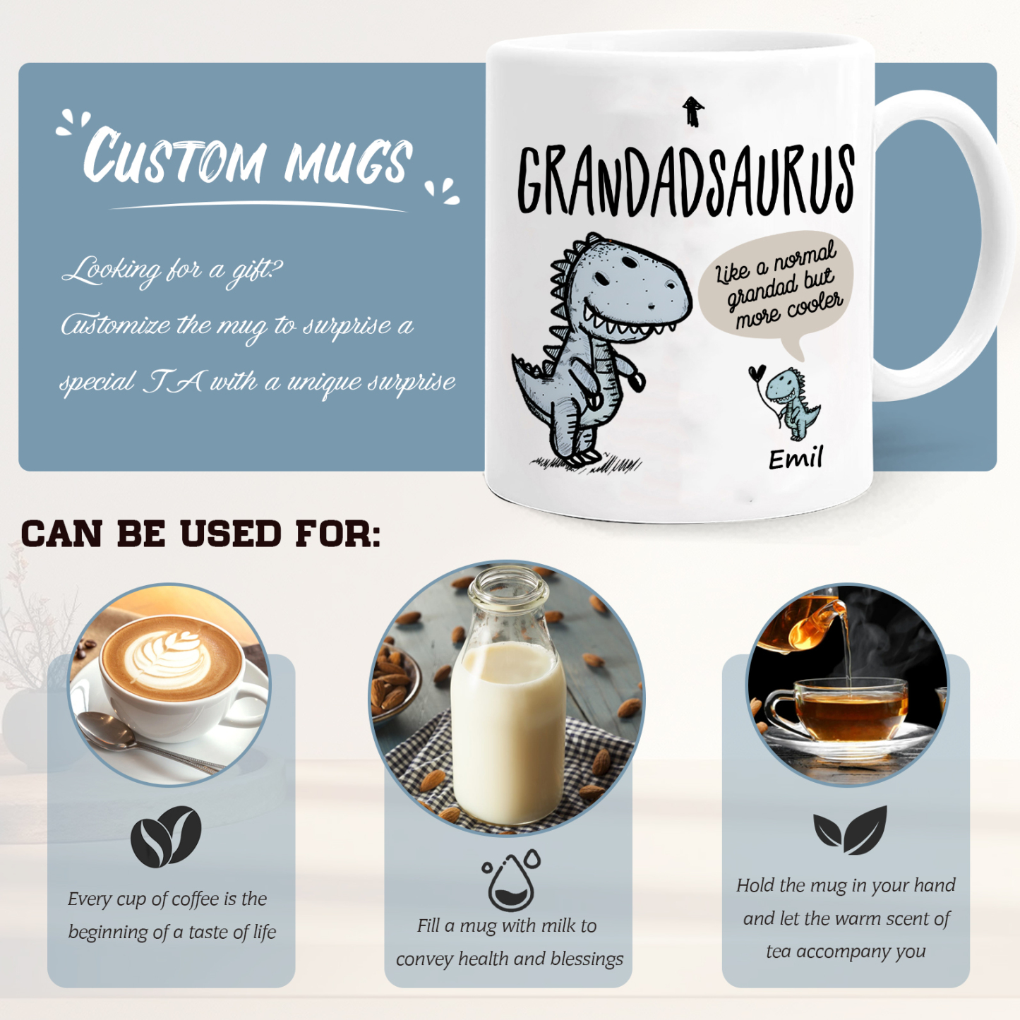 Personalised Ceramic Mug Custom 1 Name Dinosaur Cup Gifts for Grandpa/Grandma - Like A Normal Grandad/Nan But More Cooler-Jessemade AU