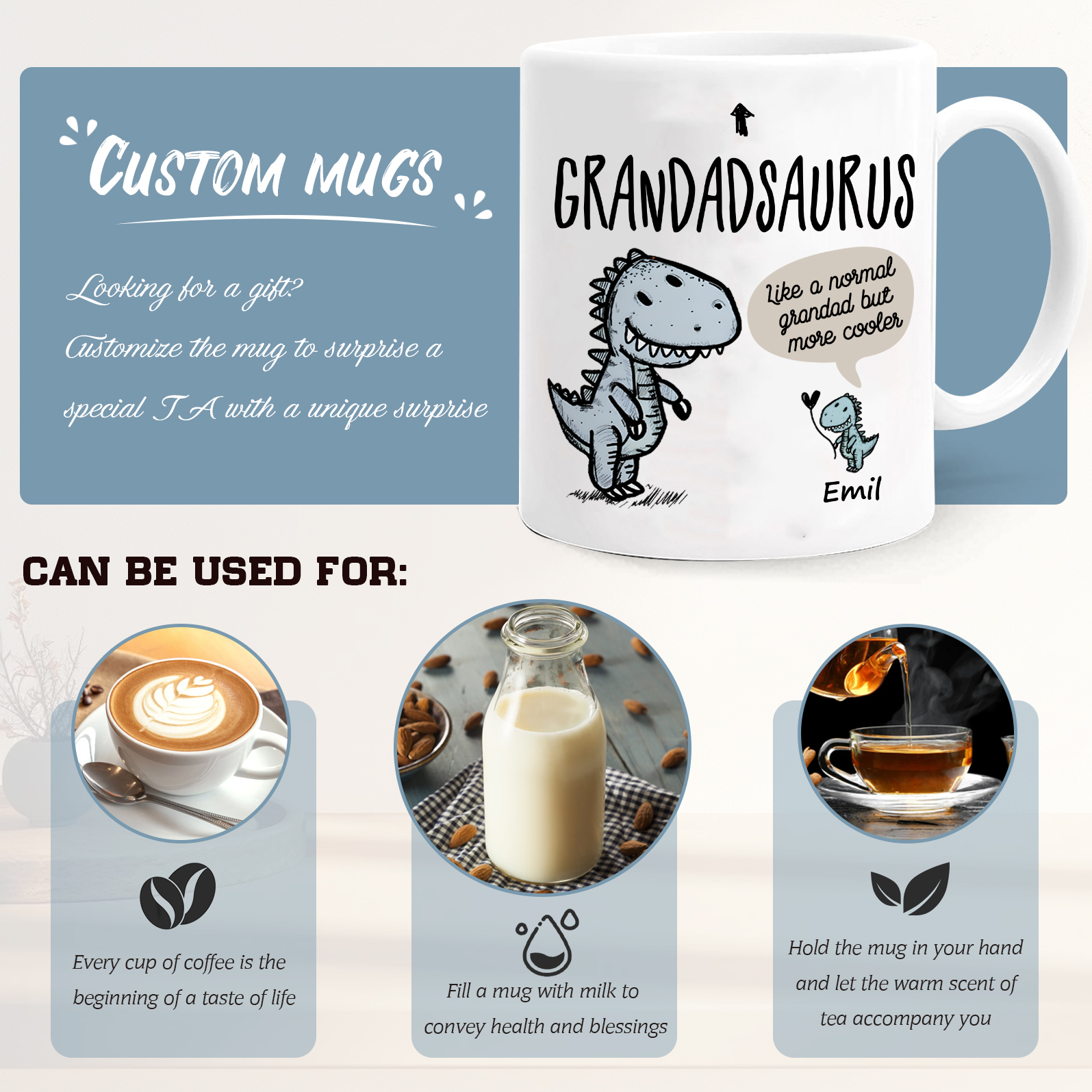 Personalised Ceramic Mug Custom 1 Name Dinosaur Cup Gifts for Grandpa/Grandma - Like A Normal Grandad/Nan But More Cooler-Jessemade AU