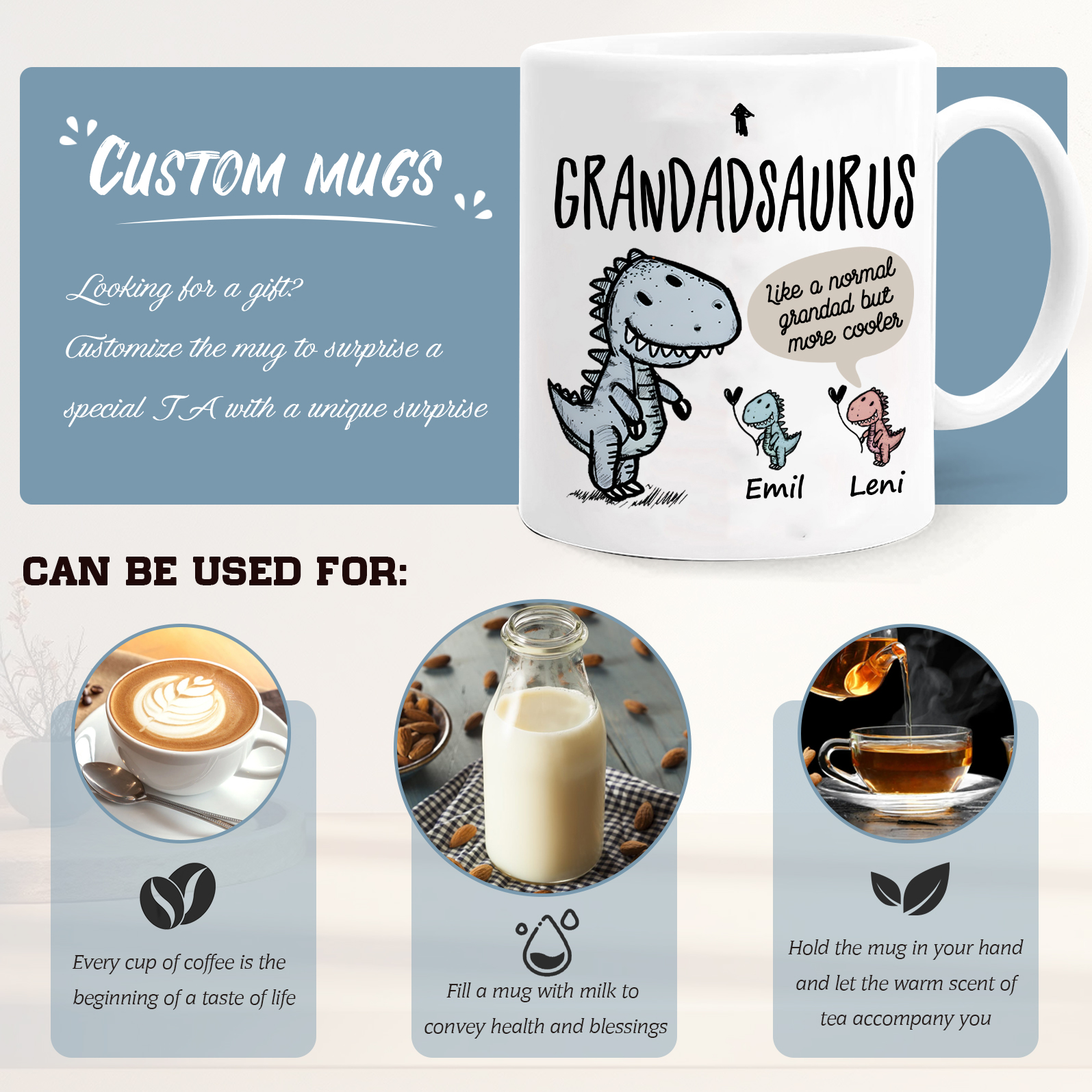 Personalised Ceramic Mug Custom 2 Names Dinosaur Cup Gifts for Grandpa/Grandma - Like A Normal Grandad/Nan But More Cooler-Jessemade AU