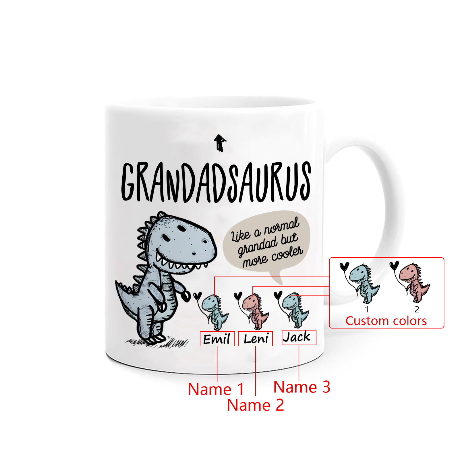 Personalized Ceramic Mug Custom 3 Names Dinosaur Cup Gifts for Grandpa/Grandma - Like A Normal Grandad/Nan But More Cooler-Jessemade AU