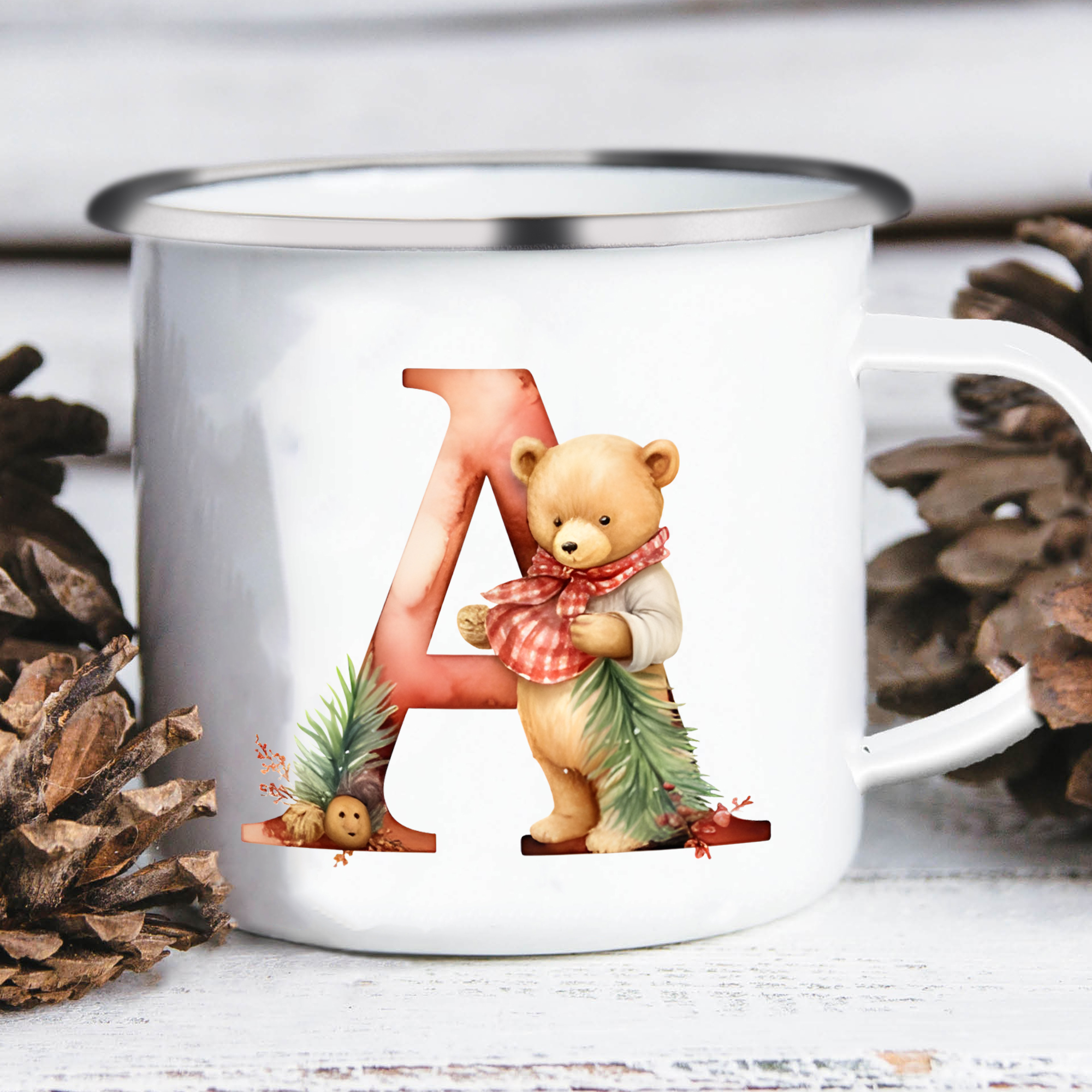 Personalised Enamel Mug Custom Letter Christmas Teddy Bear Cup Gift for Kids-Jessemade AU