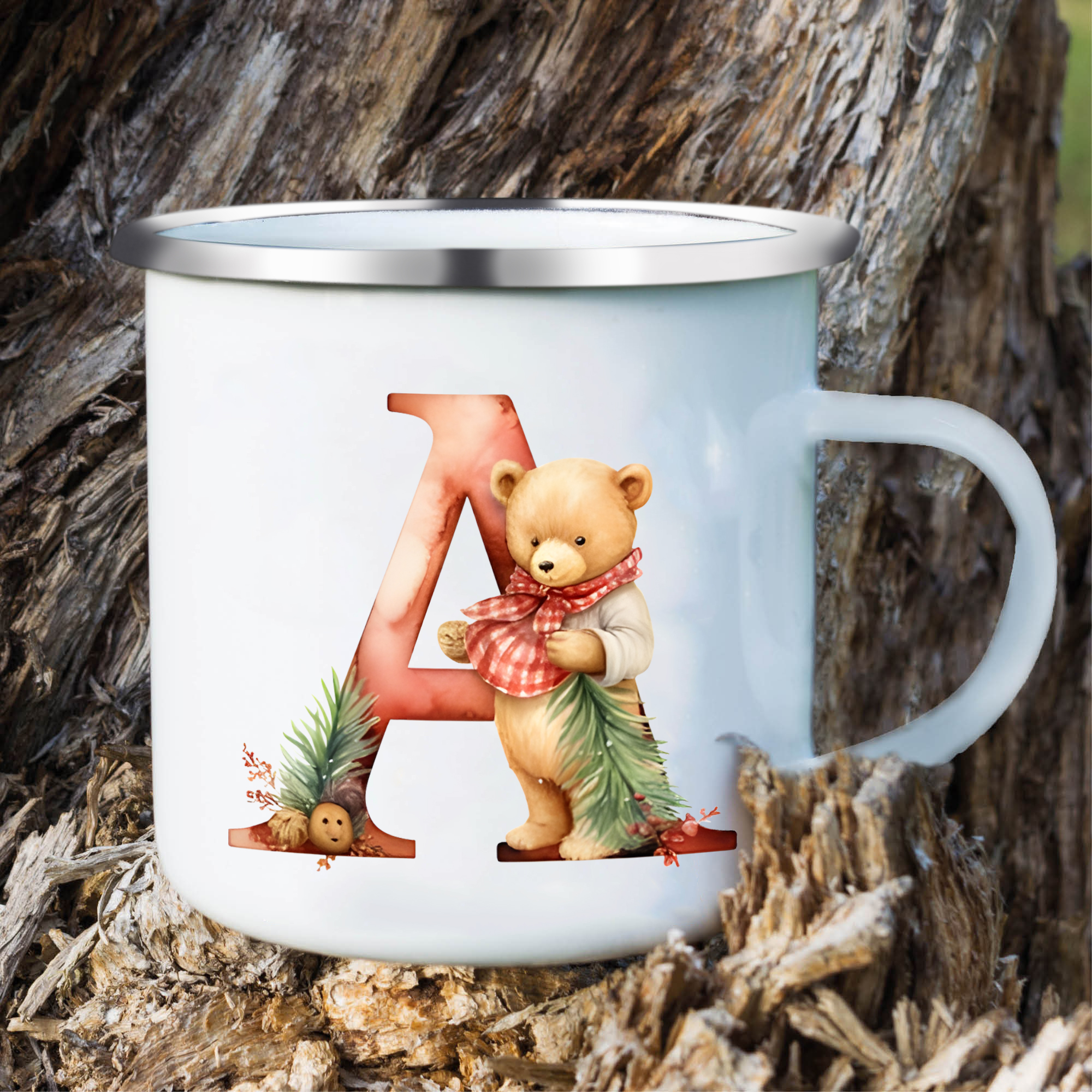 Personalised Enamel Mug Custom Letter Christmas Teddy Bear Cup Gift for Kids-Jessemade AU
