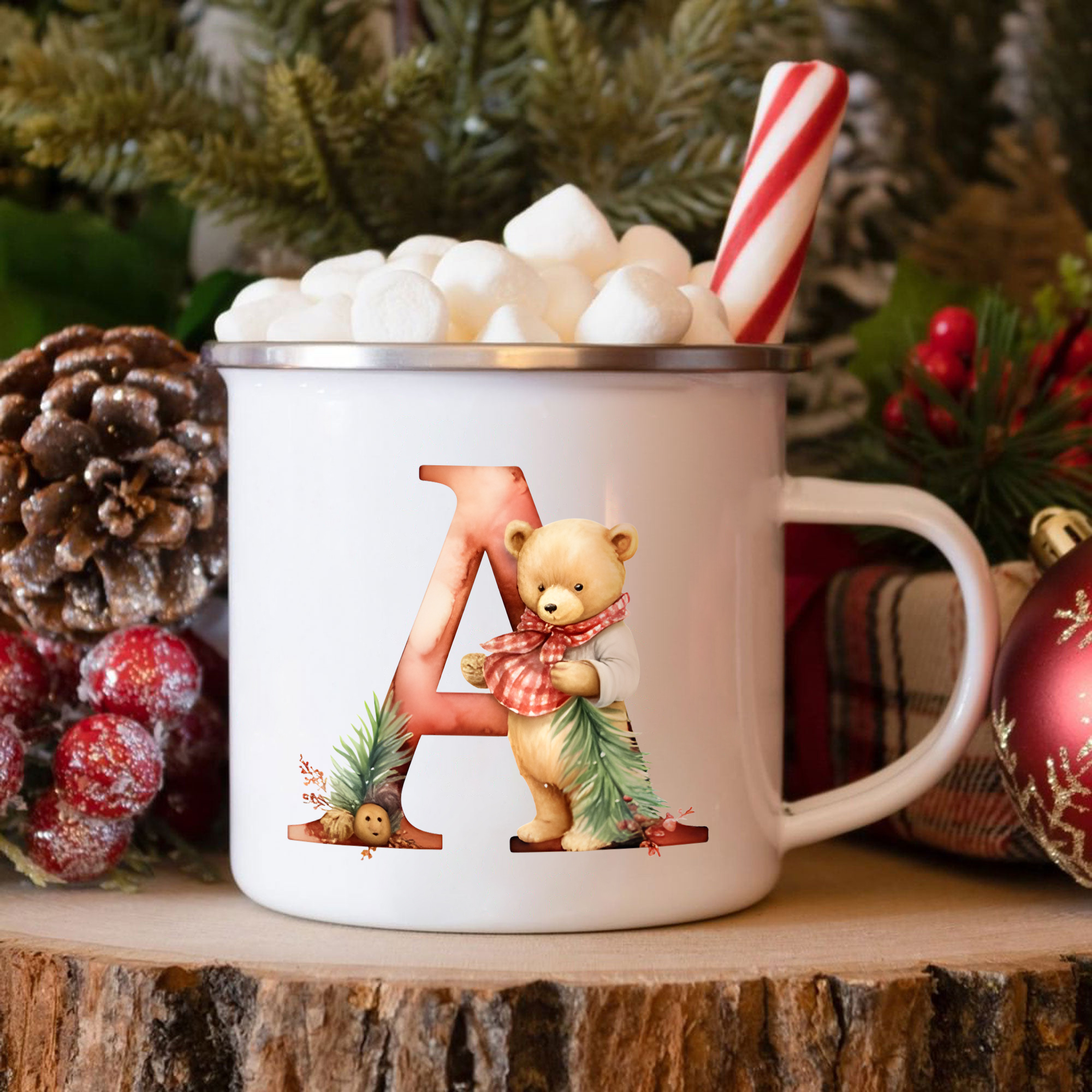 Personalized Enamel Mug Custom Letter Christmas Teddy Bear Cup Gift for Kids