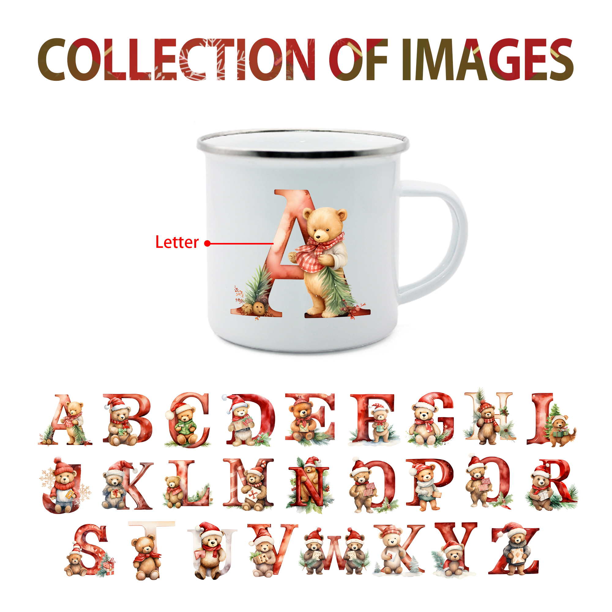 Personalized Enamel Mug Custom Letter Christmas Teddy Bear Cup Gift for Kids
