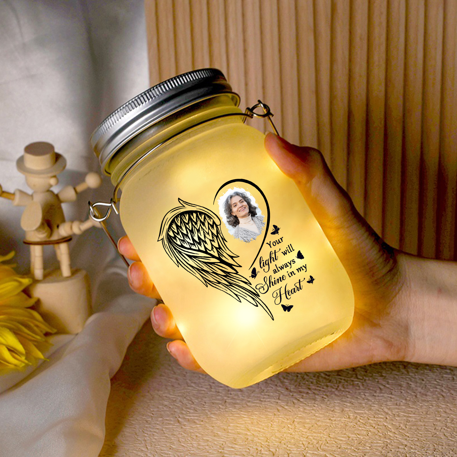 Personalised Mason Jar Light Custom Photo Bottle Memorial Gifts - Your Light Will Always Shine In My Heart-Jessemade AU