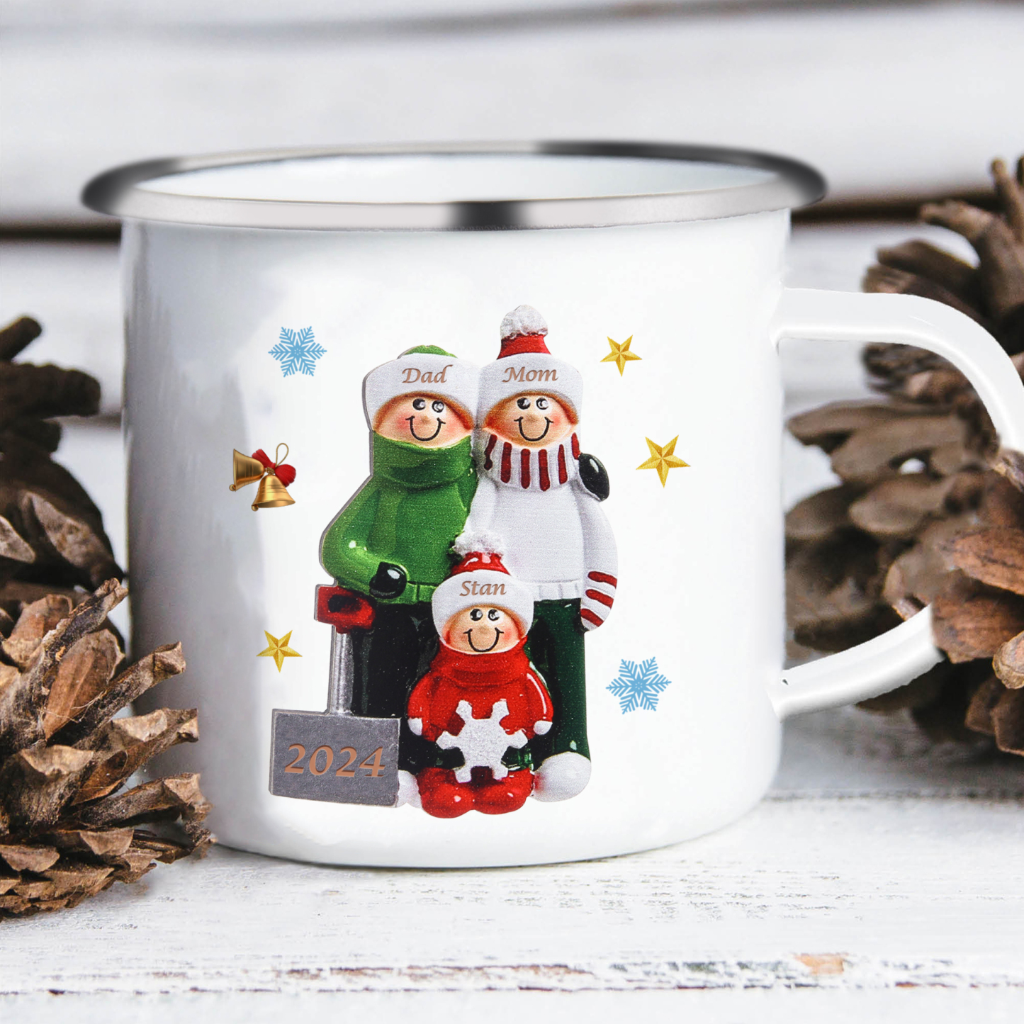 Personalised Enamel Mug Snow Shoveling Family Mug Custom 2-8 Names Christmas Gift-Jessemade AU