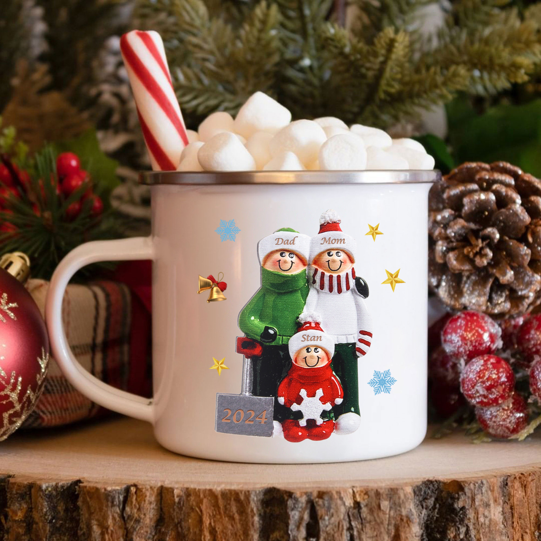 Personalised Enamel Mug Snow Shoveling Family Mug Custom 2-8 Names Christmas Gift-Jessemade AU