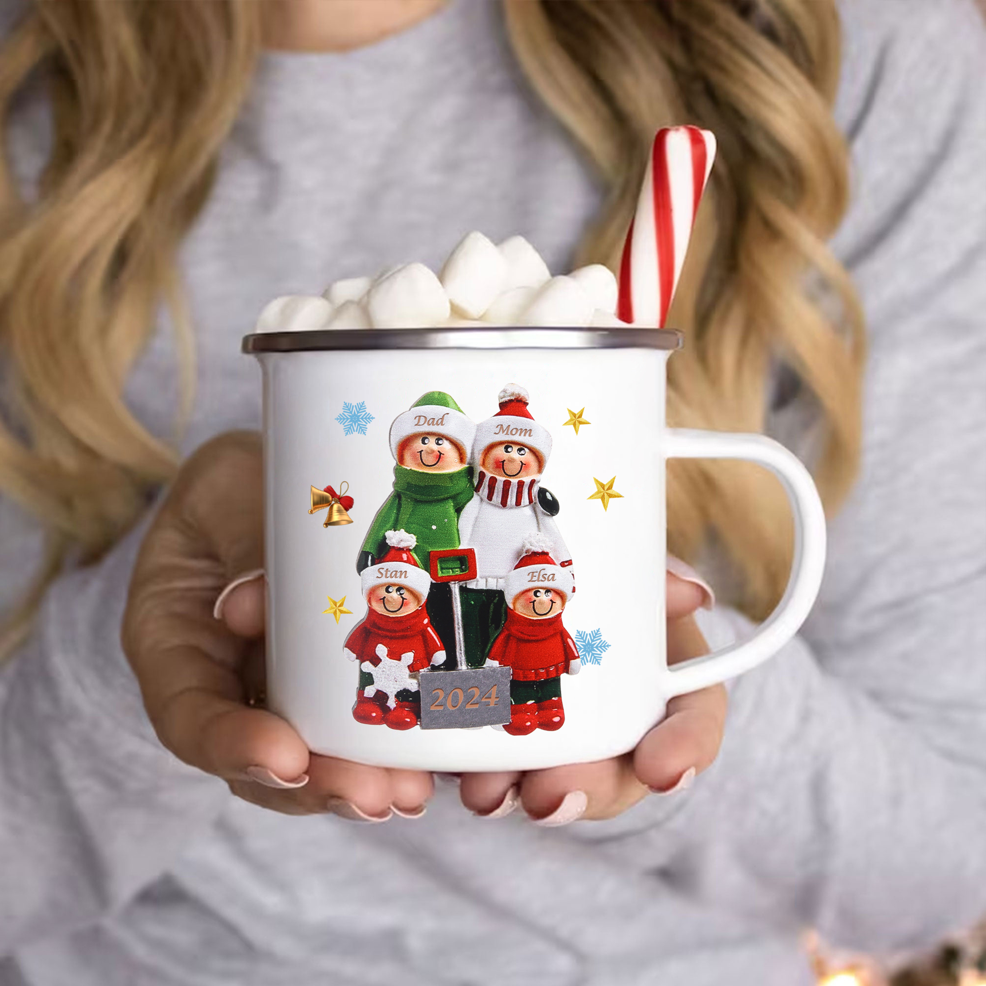 Personalised Enamel Mug Snow Shoveling Family Mug Custom 2-8 Names Christmas Gift-Jessemade AU