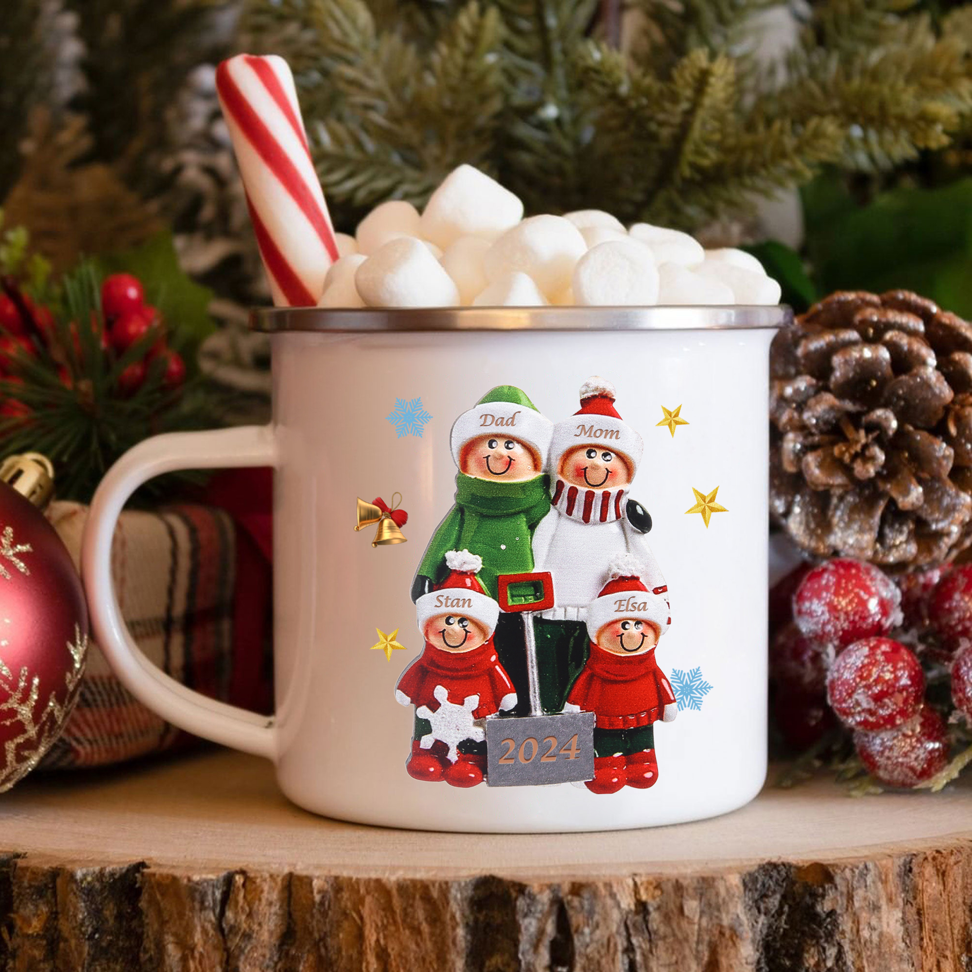 Personalised Enamel Mug Snow Shoveling Family Mug Custom 2-8 Names Christmas Gift