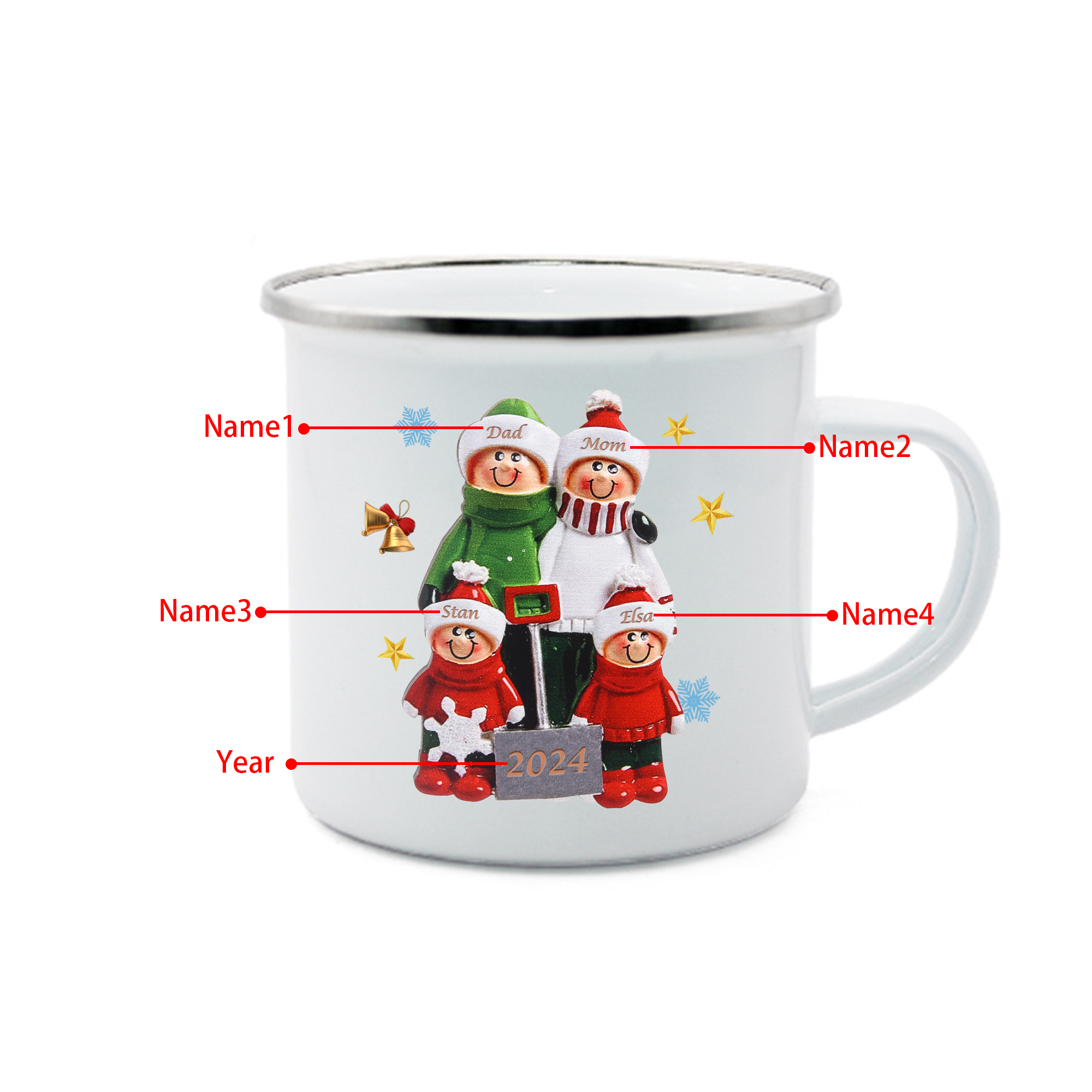 Personalised Enamel Mug Snow Shoveling Family Mug Custom 2-8 Names Christmas Gift
