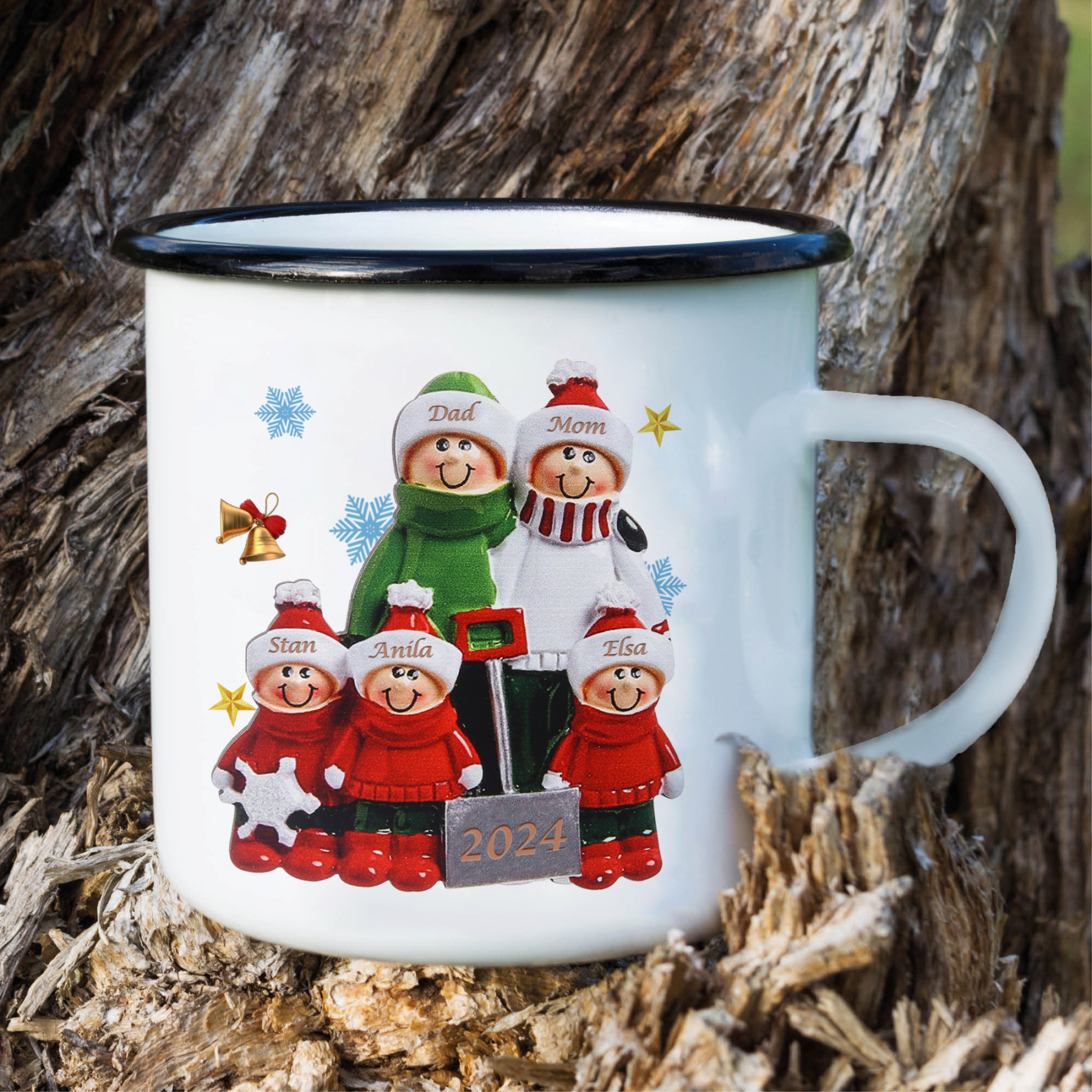 Personalised Enamel Mug Snow Shoveling Family Mug Custom 2-8 Names Christmas Gift-Jessemade AU