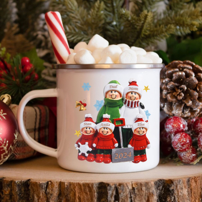 Personalised Enamel Mug Snow Shoveling Family Mug Custom 2-8 Names Christmas Gift-Jessemade AU