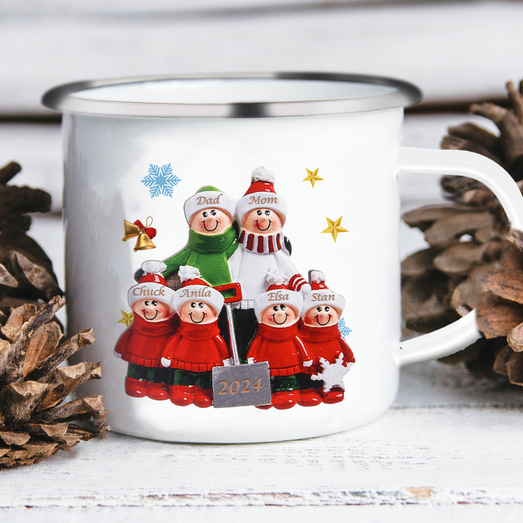 Personalised Enamel Mug Snow Shoveling Family Mug Custom 2-8 Names Christmas Gift-Jessemade AU