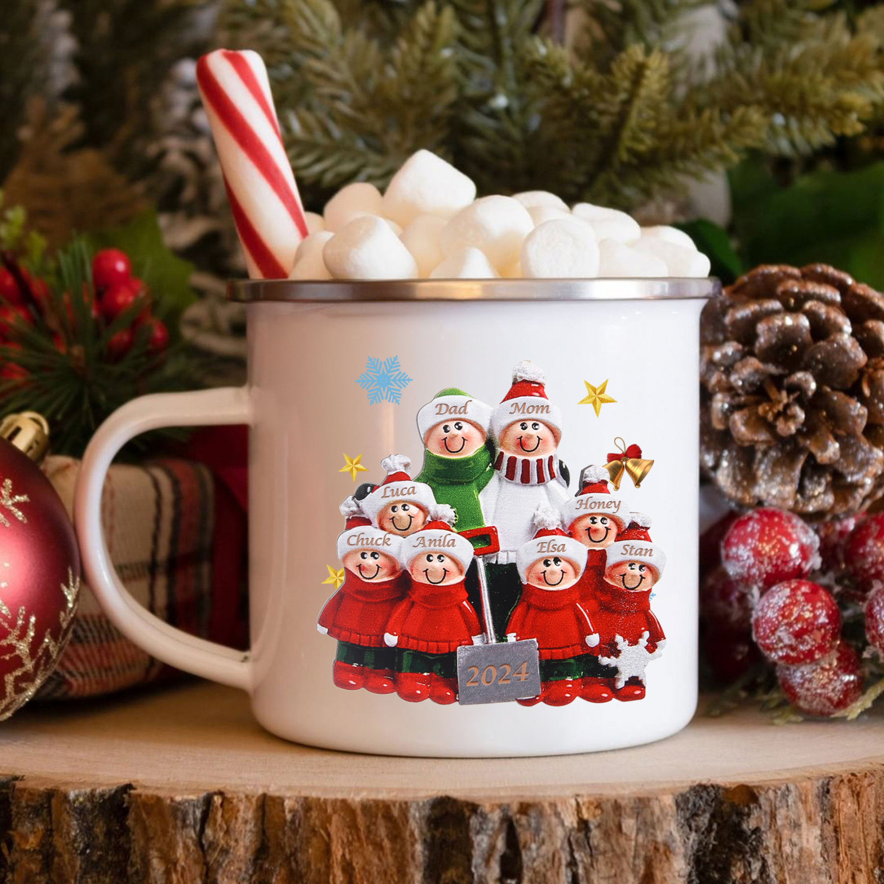 Personalised Enamel Mug Snow Shoveling Family Mug Custom 2-8 Names Christmas Gift-Jessemade AU