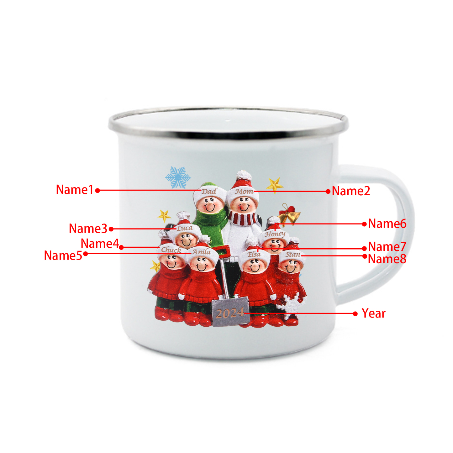 Personalised Enamel Mug Snow Shoveling Family Mug Custom 2-8 Names Christmas Gift-Jessemade AU