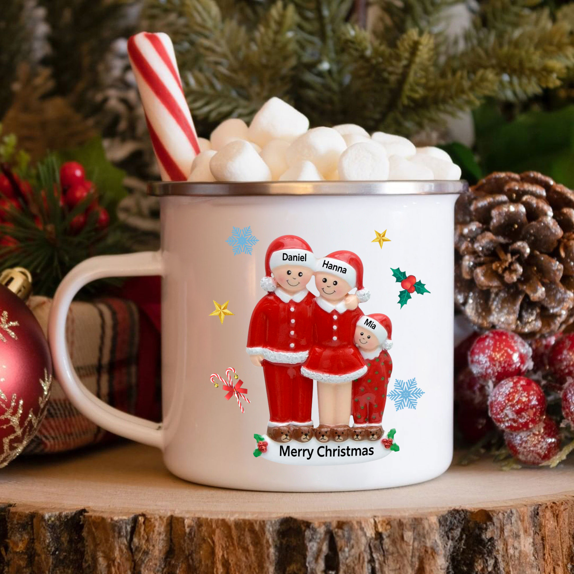 Personalised Enamel Mug Christmas Pajama Family Mug Custom 3-6 Names Ceramic Gift for Loved Ones