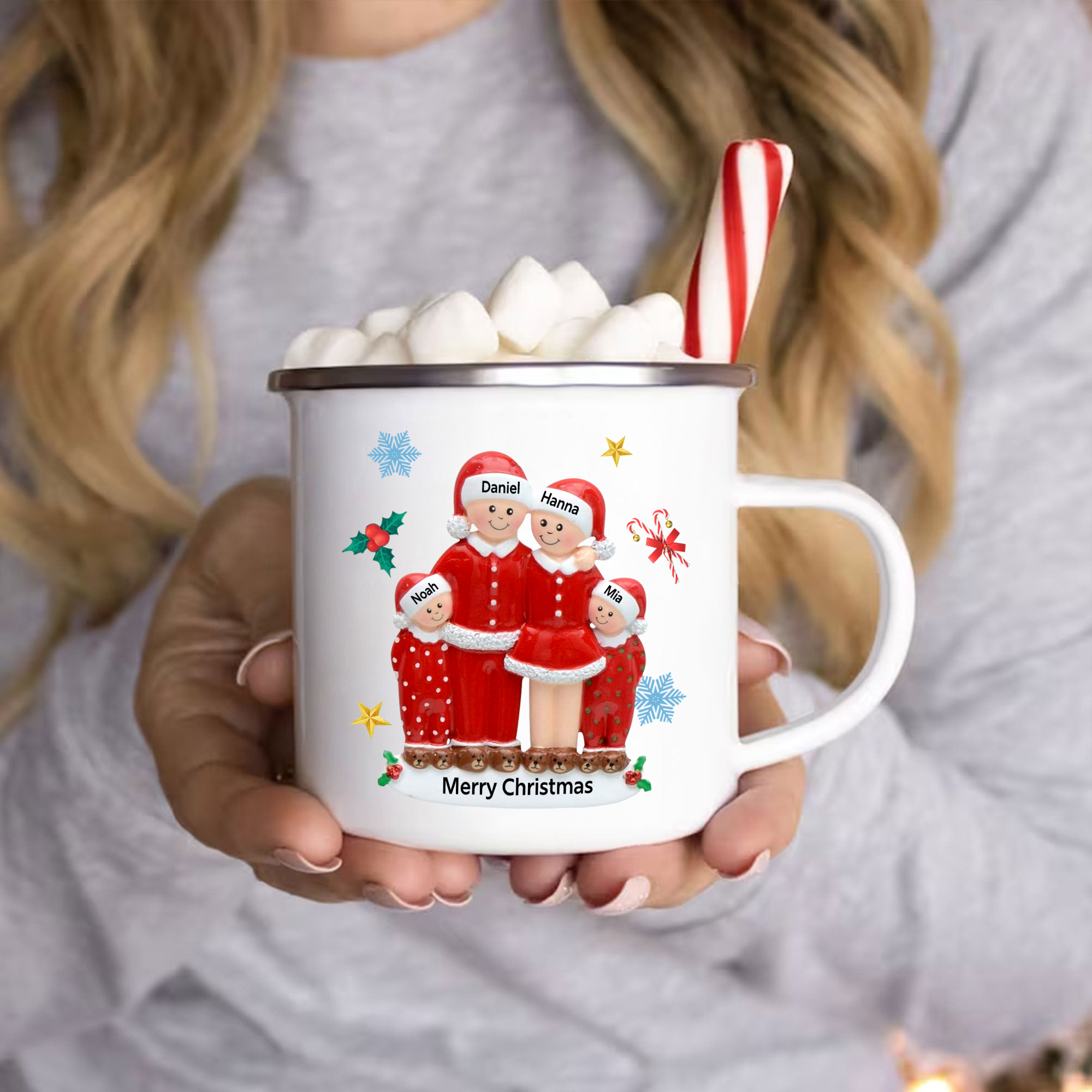 Personalised Enamel Mug Christmas Pajama Family Mug Custom 3-6 Names Ceramic Gift for Loved Ones-Jessemade AU