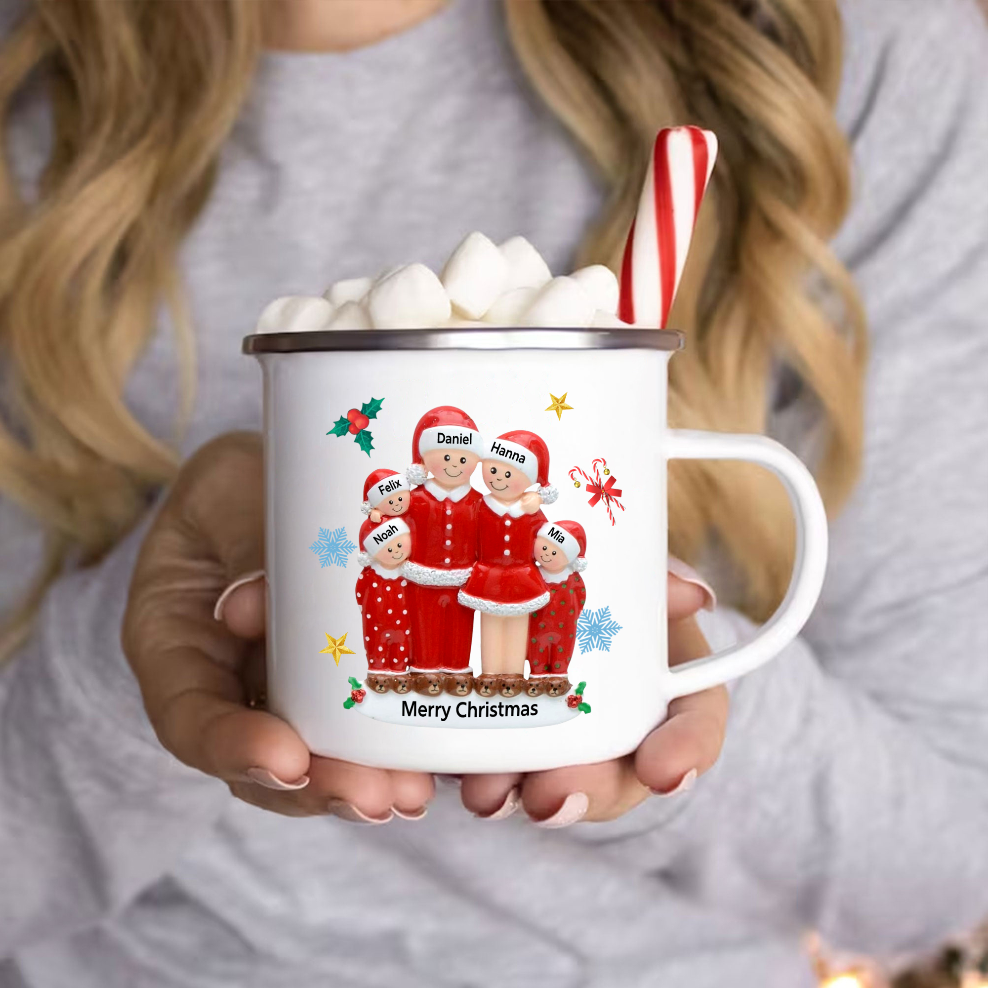 Personalised Enamel Mug Christmas Pajama Family Mug Custom 3-6 Names Ceramic Gift for Loved Ones-Jessemade AU