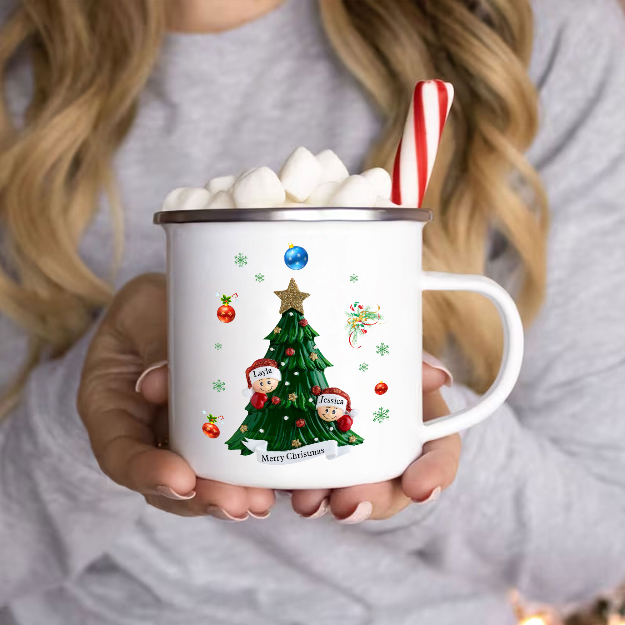 Personalised Enamel Mug Christmas Tree Family Mug Custom 2-8 Names Ceramic Gift for Loved Ones-Jessemade AU