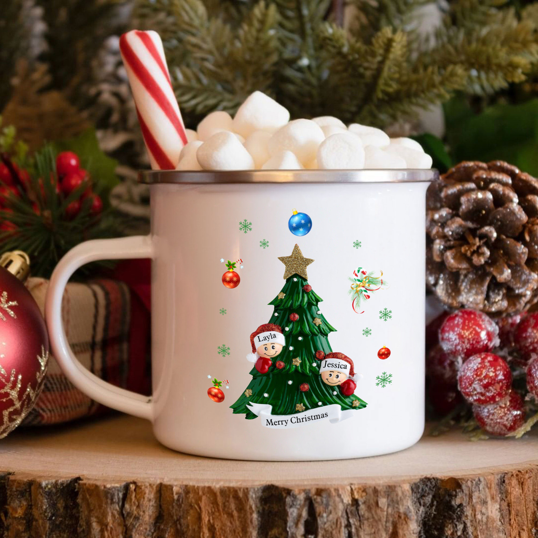 Personalised Enamel Mug Christmas Tree Family Mug Custom 2-8 Names Ceramic Gift for Loved Ones-Jessemade AU