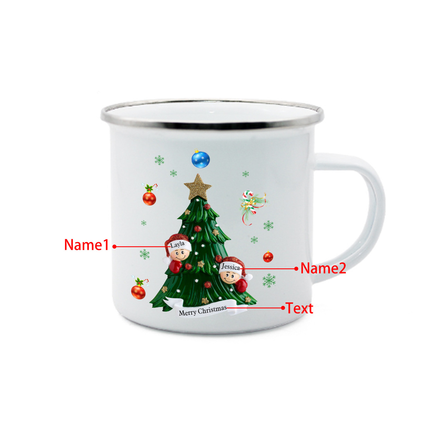 Personalised Enamel Mug Christmas Tree Family Mug Custom 2-8 Names Ceramic Gift for Loved Ones-Jessemade AU