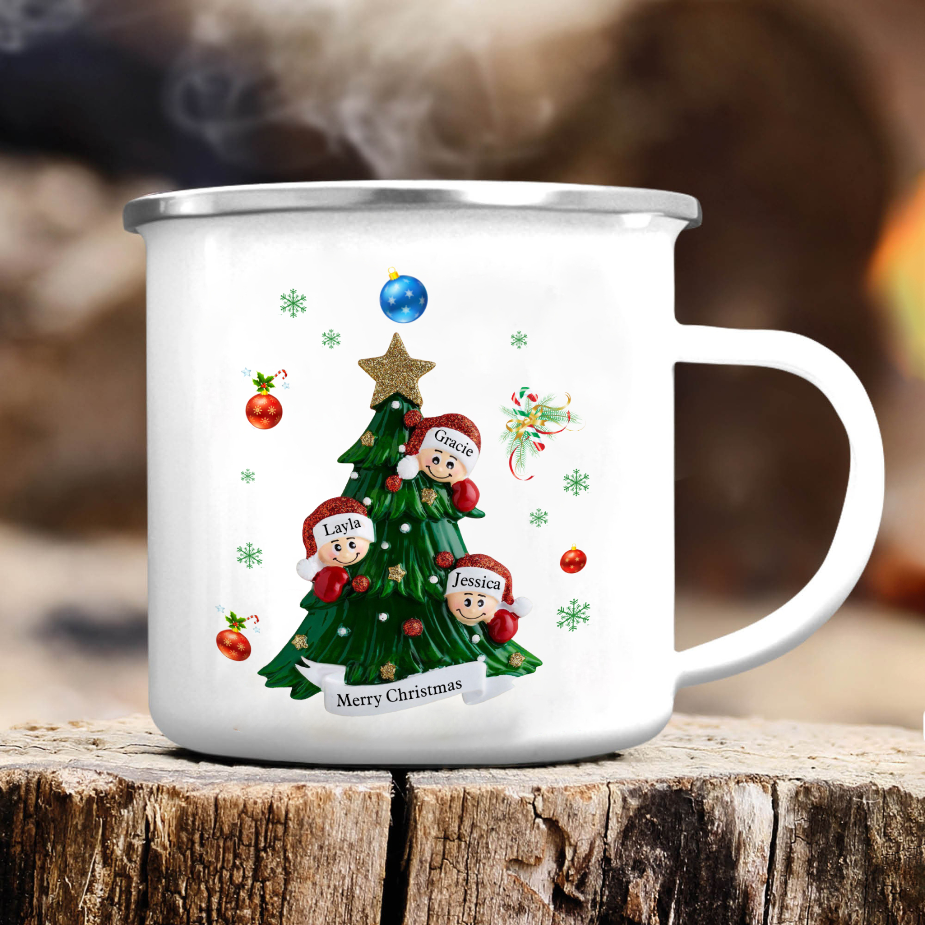 Personalised Enamel Mug Christmas Tree Family Mug Custom 2-8 Names Ceramic Gift for Loved Ones-Jessemade AU