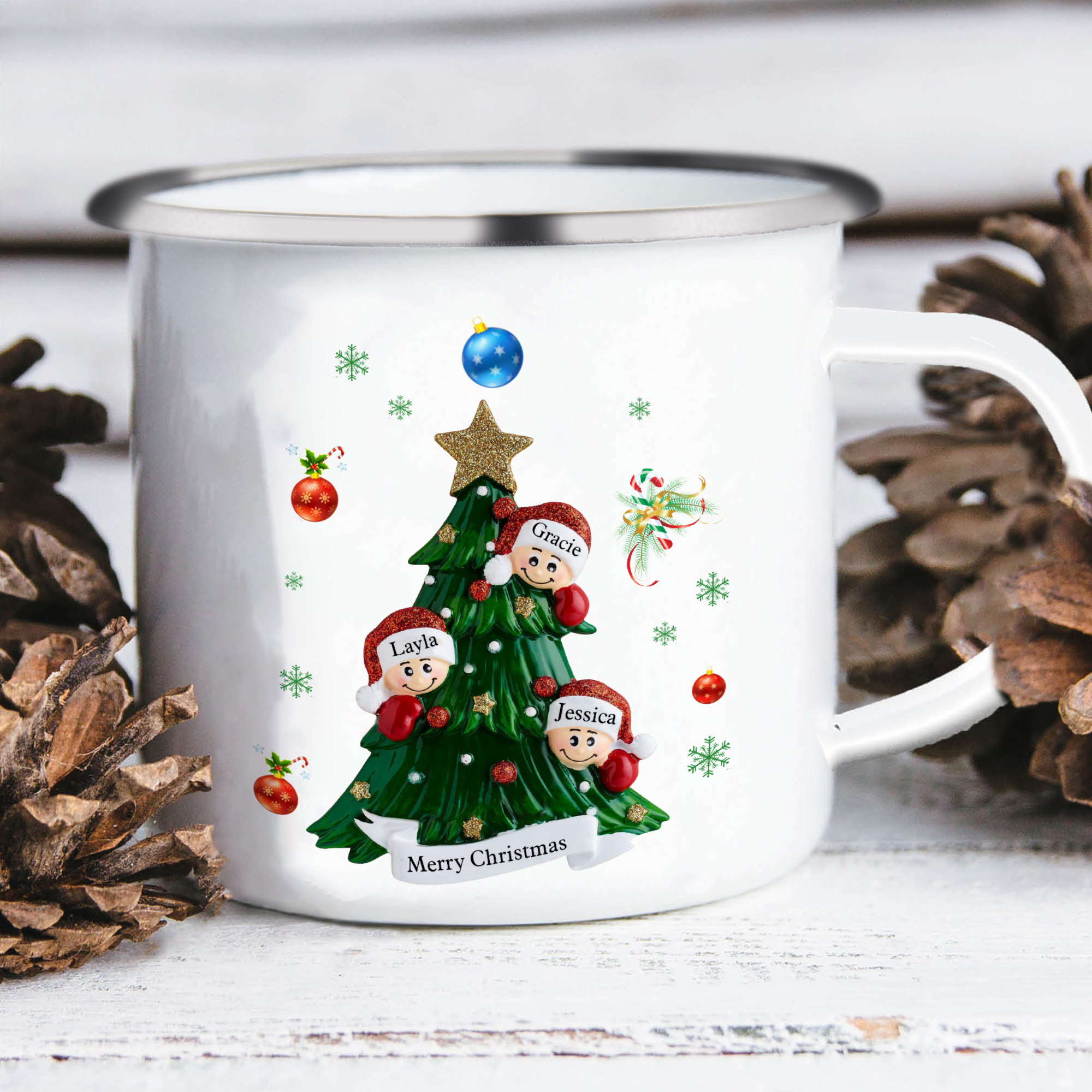 Personalised Enamel Mug Christmas Tree Family Mug Custom 2-8 Names Ceramic Gift for Loved Ones-Jessemade AU