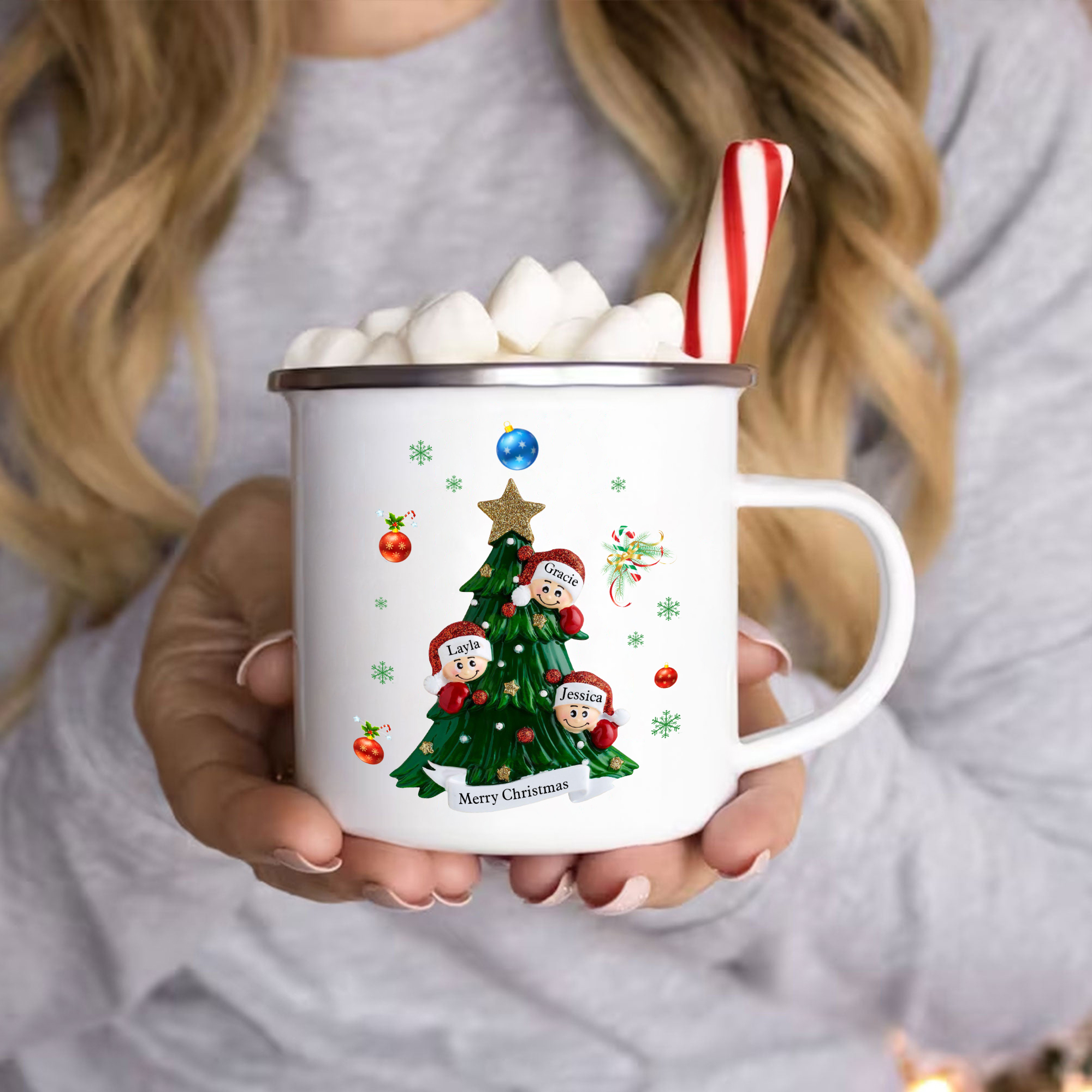 Personalised Enamel Mug Christmas Tree Family Mug Custom 2-8 Names Ceramic Gift for Loved Ones-Jessemade AU