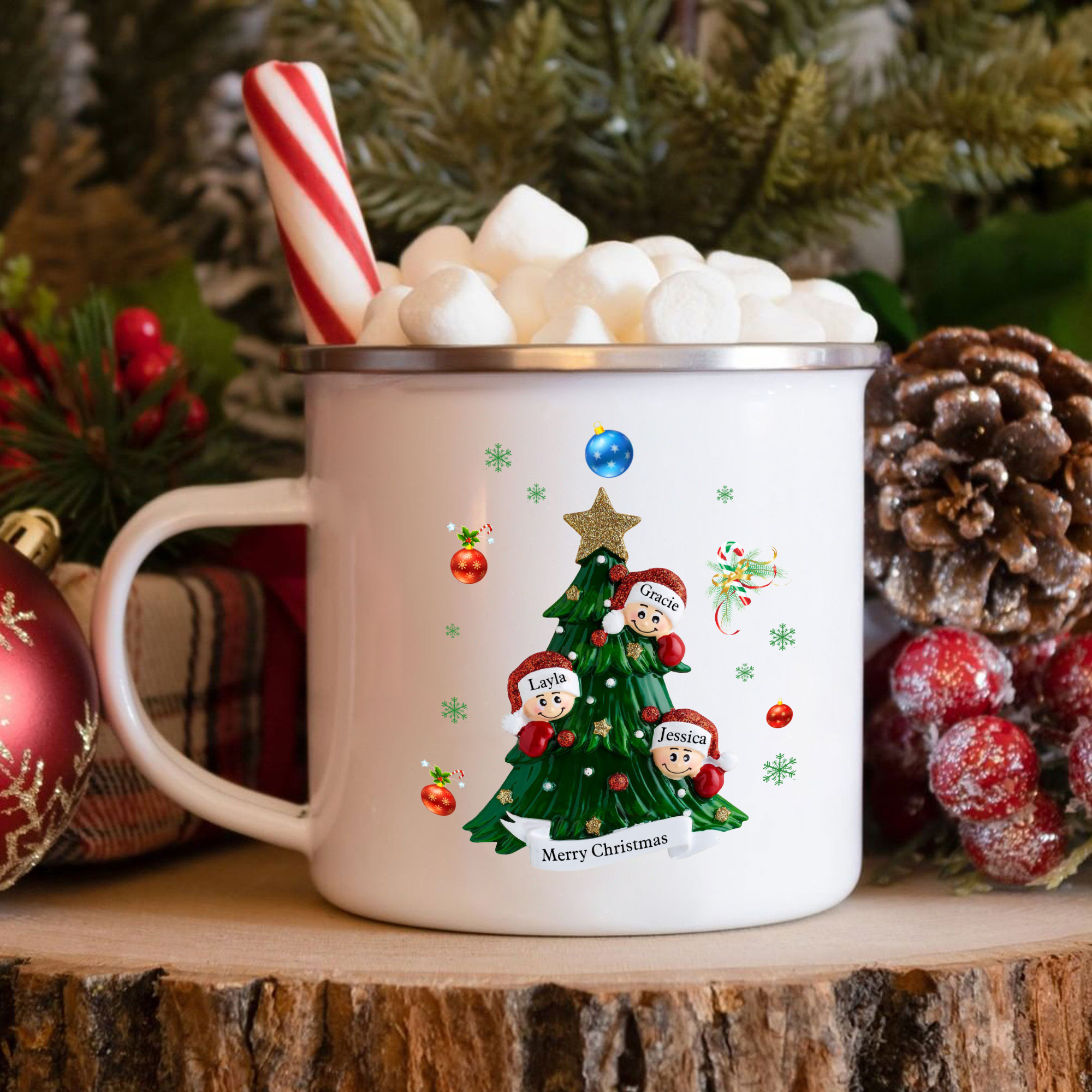 Personalised Enamel Mug Christmas Tree Family Mug Custom 2-8 Names Ceramic Gift for Loved Ones