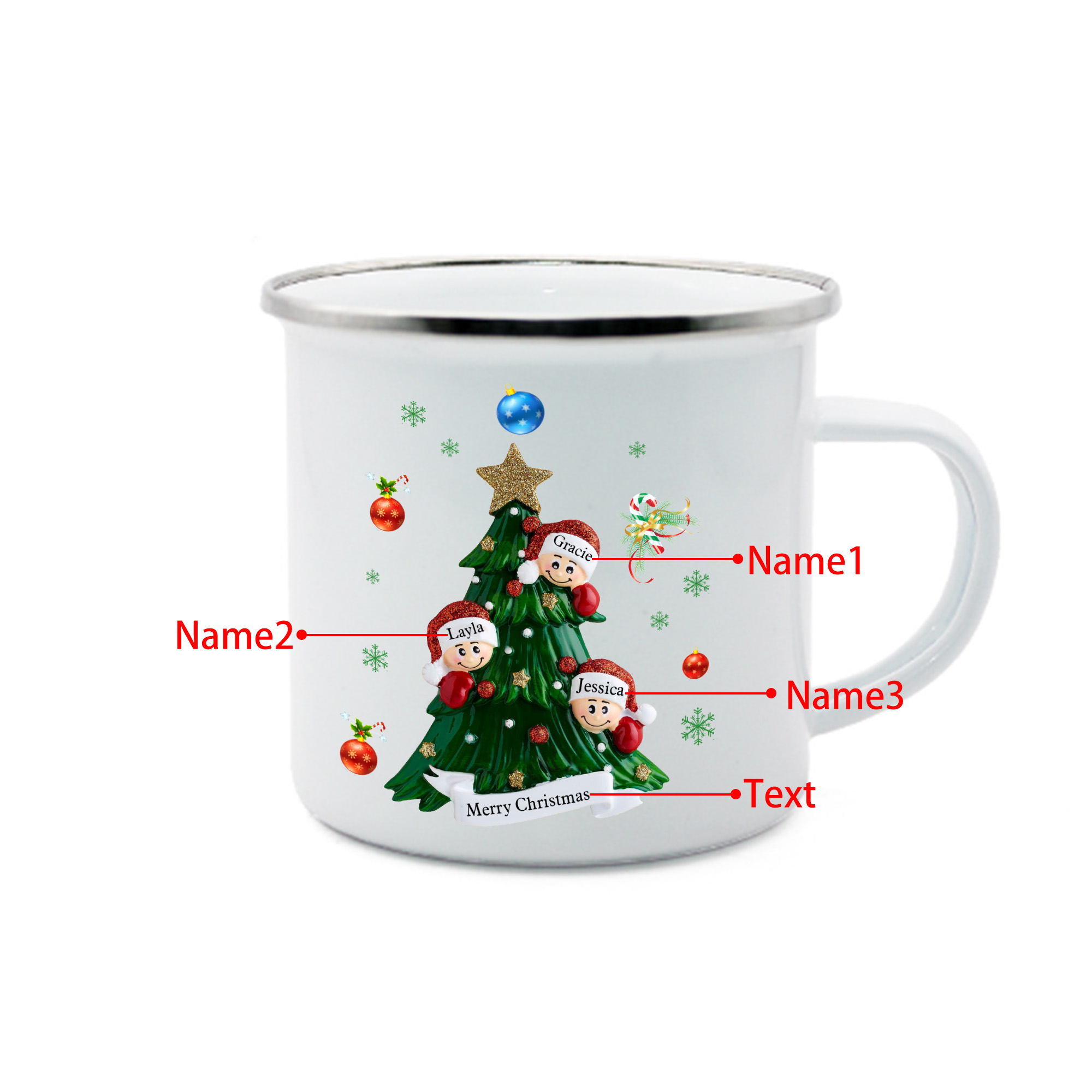 Personalised Enamel Mug Christmas Tree Family Mug Custom 2-8 Names Ceramic Gift for Loved Ones