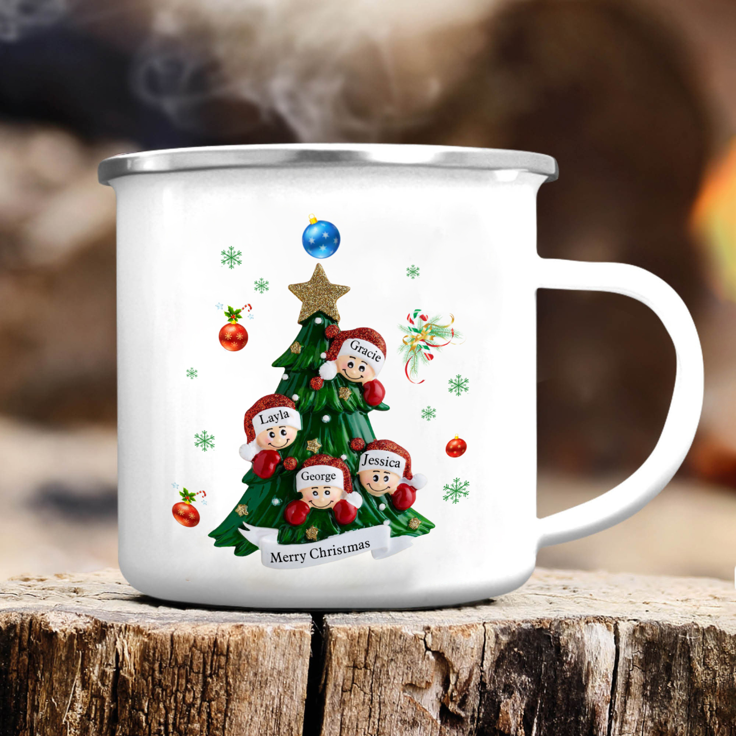 Personalised Enamel Mug Christmas Tree Family Mug Custom 2-8 Names Ceramic Gift for Loved Ones-Jessemade AU